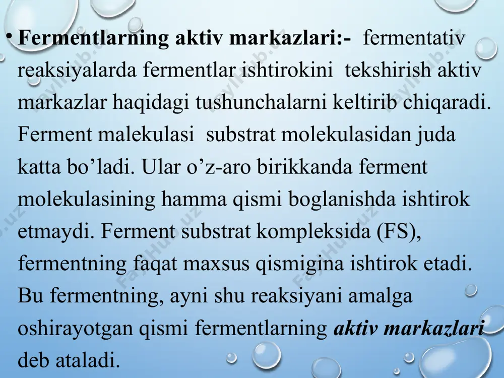 sil qiladilar. bu fermentlar asosan oqsil, kraxmal, sellyuloza, yog‘larni va boshqa suvda erimaydigan moddalarni parchalaydigan gidrolazalarga ta’luqlidir. bir qancha fermentlar faqat mikroorganizmlardagina uchraydi. ayrim bakteriyalarning xarakterli xususiyatlaridan yana biri ularning anorganik substratlarni: ammiakni, nitritlarni, sulüfid va oltingugurtni boshqa birikmalarini, va shunga o‘xshash ikki valentli temirni oksidlash qobiliyatidir. bunday jarayonlarni amalga oshishi mikroorganizmlarda aloxida fermentlarning mavjudligi bilan bog‘liqdir. bir qancha bakteriyalar va suv o‘tlari molekula xolidagi vodorod xosil qilishi xamda oksidlanish-qaytarilish reaksiyalarini olib boruvchi degidrogenaza fermentlari saqlashi aniqlangan. mikroorganizmlarni qattiq oziqa muxiti sirtida o‘stirishda vujudga kelgan issiqlikni chiqarish masalasi katta axamiyatga ega. shuning uchun mikroskopik zamburug‘larni o‘stirishda ularning o‘sish bosqichlariga katta e’tibor berish kerak, chunki aynan shu gurux mikroorganizmlar qattiq oziqa muxiti sirtida o‘stiriladi. birinchi gurux - zamburug‘ sporasi yoki konidiyalarini bo‘kishi va rivojlanishidir. uning muddati 10-12 soatga cho‘ziladi. bu bosqich aytarli issiqlik ajralishi bilan kuzatilmaydi va oziqa muxit komponentlari o‘zgarmaydi. oziqa muxiti sirtida po‘panak xosil bo‘lishi bilan ikkinchi bosqich (tropofaza) …