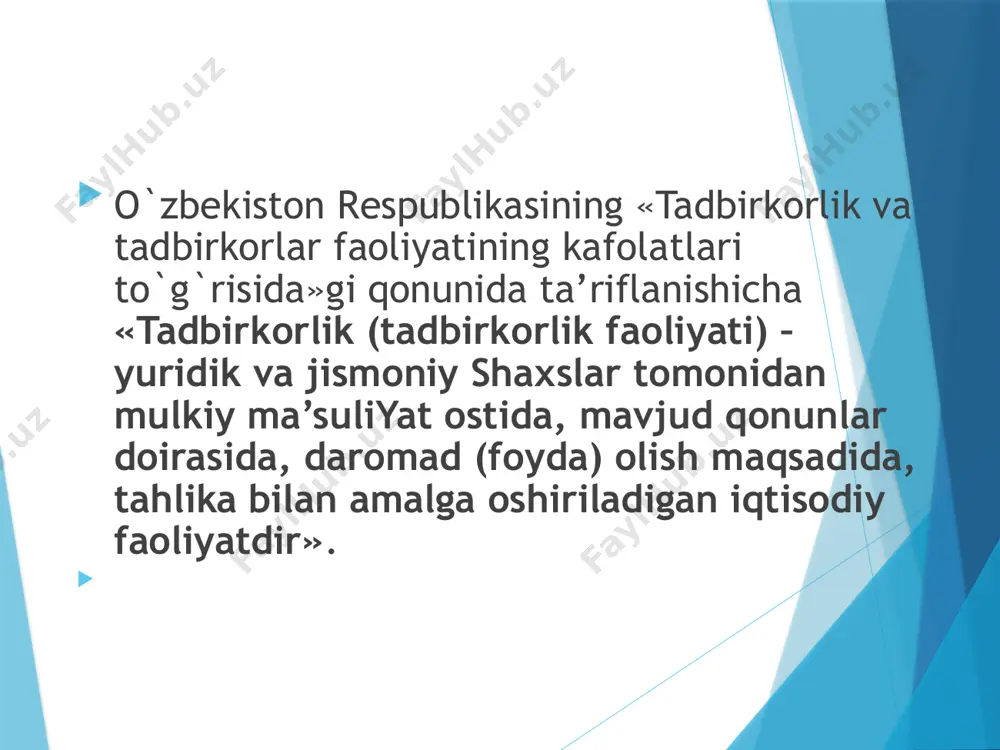 narxlarda olish, ishlab chiqargan mahsulotni sotish uchun bozor bilan ta’minlanganlik va shu kabilar. kooperativ tadbirkorlik – jamoa tadbirkorligining alohida shakli bo`lib, jamoa mulkiga asoslanadi va kooperatsiya a’zolarining uning faoliyatida o`z mehnati bilan ishtirok etishini taqozo qiladi. kooperativ mulkchilikka asoslangan tadbirkorlikning asosiy belgilari quyidagilardan iborat: ishlovchilarning ishlab chiqarish vositalari bilan bevosita qo`shilishi (xususiy mulkchilikda bunday qo`shilishda mulkdor, davlat mulkchiligida esa davlat vositachi hisoblanadi); kooperatsiya a’zolarining ishlab chiqarish vositalaridan keng foydalana olishi; ularning iqtisodiy jihatdan teng huquqliligi; jamoaning o`z-o`zini boshqarishni amalga oshirishi; jamoa va shaxsiy manfaatlar uyg`unligi yuzaga kelishi va h.k. xususiy tadbirkorlik alohida shaxs yoki korxona tomonidan xususiy tashabbus asosida tashkil qilinadi. tadbirkorlikning bu shaklida mulk va ishlab chiqarish natijalari xususiy shaxslarga tegishli bo`lib, ishlab chiqarishni tashkil qilish yollanma mehnatga asoslanadi. yakka tartibdagi tadbirkorlik shaxsiy mulkka asoslanadi, ishlab chiqarishni tashkil qilish o`zi yoki oila a’zolari mehnati asosida amalga oshiriladi. shaxsiy korxona egasi uning menejeri ham hisoblanib, korxonaning barcha majburiyatlari uchun shaxsiy …