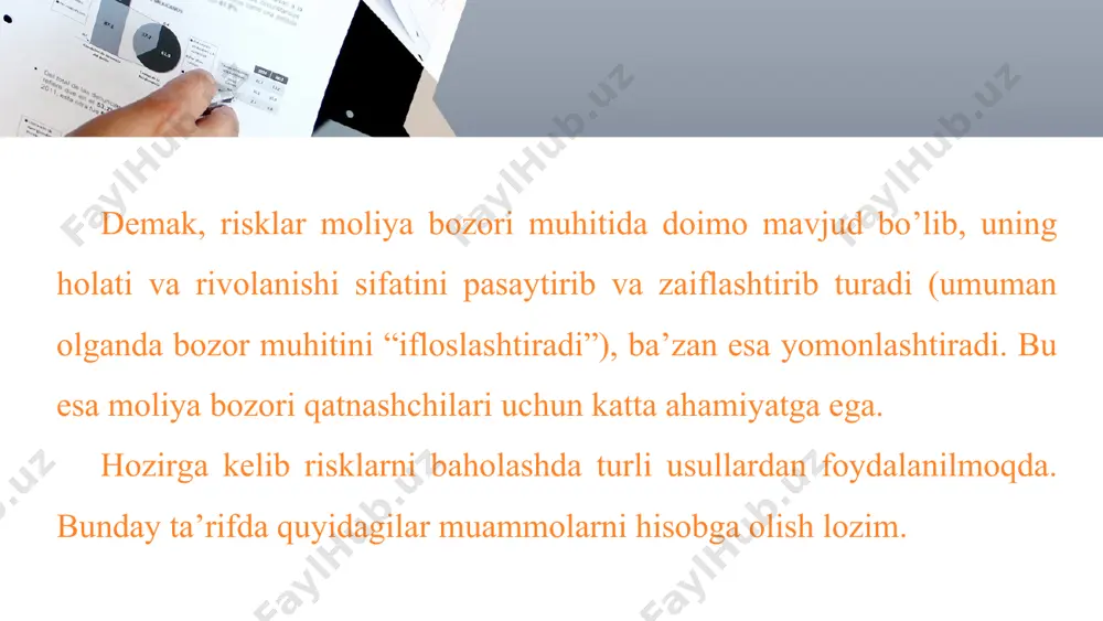 imа? 4. rm vа rr nimаni аnglаtаdi? 5. br vа tаshqi оmillаr оrаsidаgi qаndаy bоg’liqlik bоr? 6. risklаrni bоshqаrish qаndаy mоdеldа tаshkillаshtirilаdi? this presentation uses a free template provided by fppt.com www.free-power-point-templates.com glossary anderrayter – bu bank ishida maxsus xizmat haqi evaziga zayom obligatsiyalari yoki aksiyalari paketini kelishilgan shartlarda bozorda joylashtirishga kafolat beruvchi shaxs yoki kompaniya. anderrayting – bu sotish maqsadida yangi emissiya qilingan qimmatli qog’ozlarni xarid qilish. listing – bu qimmatli qog’ozlarni birjaga qo’yish, ya’ni joylashtirish. birja kotirovkasi – bu birjada sotiladigan qimmatli qog’ozlarning e’lon qilingan narxi. birja indekslari - bu qimmatli qog’ozlarning birjadagi harakatini ifodalovchi ko’rsatkich. this presentation uses a free template provided by fppt.com www.free-power-point-templates.com foydalanilgan adabiyotlar shoxа’zаmiy sh.sh. moliya bozori vа qimmаtli qog`ozlаr. dаrslik. t.iqtisod moliya, 2008. 498 b o`zbekiston respublikаsi vаzirlаr mаhkаmаsining “qimmаtli qog`ozlаr bozori infrаtuzilmаsini rivojlаntirishgа oid qo`shimchа chorа-tаdbirlаr to`g`risidа”gi qаrori, 2008 y. 28 iyul, №160 «qimmatli qog’ozlar bozori to’g’risida». o’zbеkiston rеspublikasining qonuni. 2008 …
