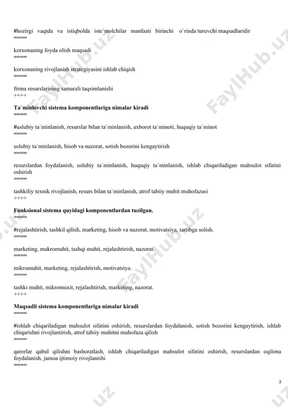 uqlari ==== talablar, reklamatsiya va innovatsiya kiradi ==== miqdor va sifat jihatidan ma`lum muddatlarga to`g`ri keladigan ishlab chiqariladigan tovar kiradi ++++ resurslar majmuasi nima ==== #barcha resurslar yig`indisining puldagi ifodasi. ==== o`zlik kapitali, zayom kapitali, nomaterial va boshqalar. ==== sanoat ishlab chiqarish personali va nosanoat personali ==== moddiy resurslar, moliyaviy resurslar, mehnat resurslari. ++++ kommunikatsiya nima ==== #axborot bilan almashish ==== axborotni himoyalash ==== axborotni olishda texnologiyadan foydalanish ==== axborotni qayta ishlash ++++ ishlab chiqarish menjmenti tashqi muhitiga nimalar kiradi ==== #makromuhit, hudud infrastrukturasi, firma mikromuhiti ==== makromuhit bilan mikromuhit ==== makromuhit, atrof tabiiy muhit monitoringi va infrastruktura ==== savdo, transport va aloqa. ++++ «chiqish» komponentlariga - ==== #miqdor va sifat jihatidan ma`lum muddatlarga to`g`ri keladigan ishlab chiqaradigan tovar kiradi. ==== talablar, ilmiy-texnik taraqqiyotning yangi yutuqlari kiradi. ==== uslubiy, normativ me`yorlar, yangi mehnat resurslari. ==== materiallar loyiha-konstruktorlik hujjatlar, xom-ashyo, yangi jihozlar. ++++ korxona miqyosidagi strategiya quyidagi bo`limlar orqali aniqlanadi: ==== …