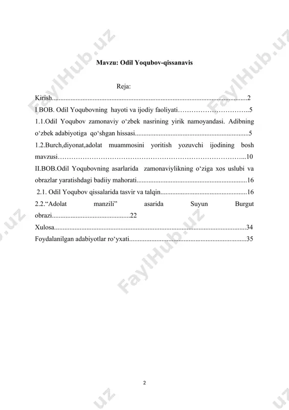 lik va suverenitetni mustahkamlash, xavfsizlik va huquq-tartibotni, davlatimiz chegalari daxlsizligini, jamiyatda qonun ustuvorligini, inson huquq va erkinliklarini, millatlararo totuvlik va diniy bagʻrikenglik muhitini taʼminlash uchun muhim poydevor boʻldi, xalqimizning munosib hayot kechirishi, fuqarolarimizning bunyodkorlik salohiyatini roʻyobga chiqarish uchun zarur shart-sharoitlar yaratdi”. o`zbekiston mustaqilligi o`zbek adiblari oldiga yangidan-yangi vazifalar qo‘ydi. badiiy ijodda qalam tebratayotgan ijodkorlarning so`zi millatning ijtimoiy-siyosiy ongini, ma’naviy, axloqiy dunyoqarashini shakllantirishida muhim ahamiyat kasb etadi. biz atoqli adib odil yoqubov ijodining o‘zbek adabiyotida tutgan o‘rnini tadqiq qilishga qo‘l urar ekanmiz, adib ijodiga mansub asarlarning o‘zbek adabiyoti rivojiga qo‘shgan hissasini ko ‘rsatish, bundan tashqari ulkan ajdodlarimiz hayoti va faoliyati, ularning ruhiyatida kechgan muqaddas tuyg‘ularning yozuvchi asarlarida qay darajada aks ettirilganligini ochib berish kurs ishining dolzarbligini belgilaydi. mavzuning o‘rganilish darajasi. odil yoqubov ijodi turli aspektlarda ancha jiddiy tadqiq etilgan. ayniqsa, adibning portret yaratish, rivoyatlardan foydalanish mahorati, romanlardagi psixologizmlar masalalari alohida-alohida o‘rganilgan. jumladan, a.xolmurodovning “odil yoqubov romanlarida psixologizm” mavzusidagi nomzodlik dissertatsiyasida uchta …