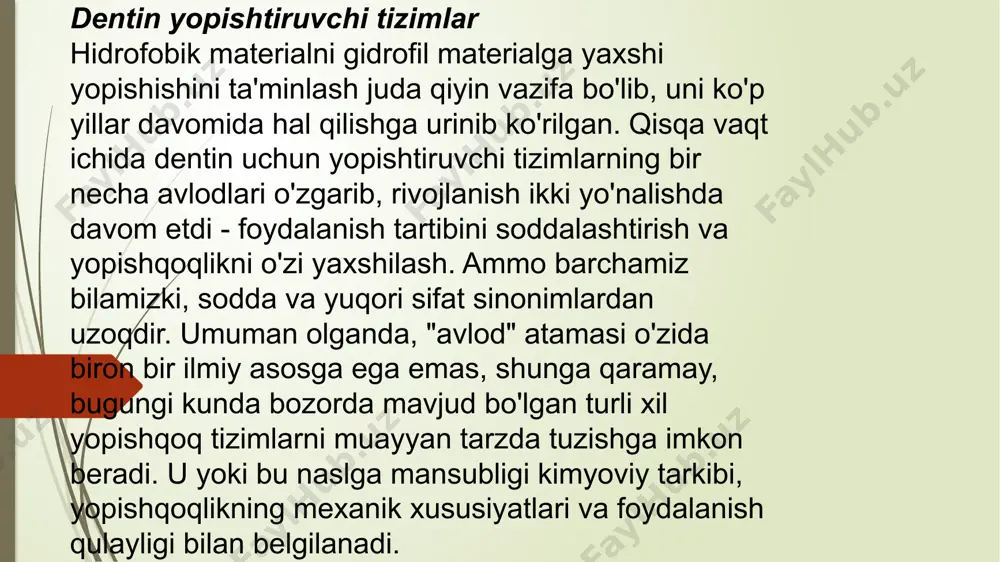 ga ega, dentin haddan tashqari quritilmasligi kerak - nam yaltiroq); aplikator yordamida kariyes bo'shlig'ining dentiniga primer surtish (ta'sir qilish 10 soniya); zaif havo oqimi yordamida primerni taqsimlash; aplikator yordamida kariyer bo'shlig'iga emal yopishtiruvchi tizimni kiritish (tayyorlangan emal va dentinga surtiladi); zaif havo oqimi yordamida emal yopishtiruvchi tizimni taqsimlash; yopishtiruvchi va primerning fotopolimerizatsiyasi; kompozit materialni kiritish. 5- авлод адгезив тизими. таркиби, хусусиятлари, таъсир механизми. 5-avlod yopishtiruvchi tizimlar 5-avloddagi yopishtiruvchi tizimlarda aralashtirish muammosi yo'q qilindi - "bitta shisha" tushunchasi amalga oshirildi. yopishtiruvchi va primer bir xil idishga joylashtirilgan (bitta komponentga aylangan).bir komponentli tizimlardan foydalanish, shuningdek, emal va dentinning to'liq qirg'inini o'z ichiga oladi. ularning ulanish mexanizmi 4-avlod tizimlarining yopishish mexanizmiga o'xshaydi. ushbu materiallar emal, dentin, keramika va metallga yopishqoqlikning yaxshi ko'rsatkichlariga ega (20-25 mpa darajasida), ammo ularning eng muhim afzalligi - bu tarkibiy qismlarni aralashtirish bosqichining yo'qligi, ularning sifatsiz ishlashi to'rtinchi avlod tizimlarida yopishqoqlik ko'rsatkichlarining pasayishiga olib keldi.beshinchi avlod yopishtiruvchi tizimlari hali …