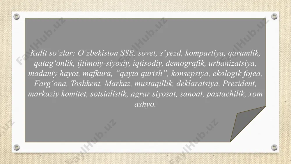 istonga deportasiya qilingan. sovet hukumati bu millatning turkiya bilan bog‘liqligi bor deb hisoblagan va buni sssr xavfsizligiga tahdid deb bilgan. uning so‘zlariga ko‘ra, o‘zbeklar va turklar o‘rtasidagi nizo 1989 yilning 23 mayida boshlangan. 3 iyunga kelib esa dahshatli fojiaga aylangan. qulupnay afsonasi???? 1989 yilning bahorida o‘zkompartiya birinchi kotibi lavozimini egallagan rafiq nishanov ziddiyatning kelib chiqishiga bozordagi voqea sabab bo‘lganini ma’lum qiladi. xaridor, mesxeti-turklaridan biri o‘zbek sotuvchidan qulupnayni juda qimmatga olganini aytadi. o‘zbeklar unga qarshi chiqadi va o‘rtada janjal kelib chiqadi. yana bir variant — hammasi pivoxona yaqinida chiqqan janjaldan boshlanadi. milisiya ularni to‘xtatadi, bir o‘zbek halok bo‘ladi. keyingi kuni o‘zbeklar guruh bo‘lib mesxeti turklari yashaydigan hududga borishadi. o’zbekistondagi tub o’zgarishlar 1989-yil 23-iyun islom karimov o’zbekiston kp mk birinchi kotibi etib tayinlandi. 1990-yil 24-mart islom karimov o’zbekiston ssr ning prezdenti etib saylandi. 1991-yil 29-dekabr islom karimov mustaqil o’zbekistonning 1-prezdenti etib saylandi. o’zbekistondagi tub o’zgarishlar 1989-yil 21-oktabr o’zbek tiliga davlat tili maqomi …