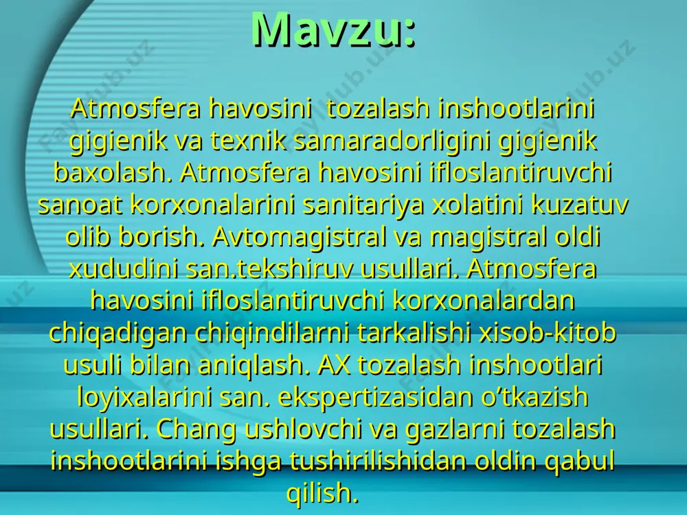 tozalash inshootlarida atmosfera xavosini tozalash sanitar-texnik chora- tadbirlar оценка технологической схемы очистки выбросов: оценка технологической схемы очистки выбросов: * “baliq skeleti” chizmasi emissiyalar uchun standartlar ishlab chiqish o‘z res “atmorsfera xavosini muxofaza qilish to‘g‘risida”gi qonuni atmosfera xavosini zararli moddalarga rem ishlab chiqish xomashyo uchun standartlar ishlab chiqish san m va q 0046- 95 ishlab chiqarish mintaqasi havosidagi zararli moddalarning rem lari atmosfera xavosini muxofazasiga qaratilgan qonuny-meyoriy xujjatlar atmosfera xavosini sanitar muxofaza qilish bo‘yicha asosiy gigienik talablar talabalarni texnologik chora- tadbirlar talabalarni asosiy tozalash inshootlari talabalarga tozalash inshootlarining texnik va gigienik samaradorligini aniqlash avtotransport tutunlari ta'sirida qanday kasalliklar kelib chiqishi mumkin. atmosfera xavosi umumiy ifloslantiruvchilar bilan ifloslanishida qanaqa kasalliklar kelib chiqadi. uglerod oksidi bilan atmosfera xavosi ifloslanganda qanaqa kasallik kelib chiqadi. onkologik kasallik qo‘zg‘atuvchi avtotransport tutini tarkibiy qismini ayting atmosfera xavosini avtotransport orqalik ifloslanishini o‘ziga xos tomonlari sanitariya maishiy sharoitni atmosfera xavosini qaysi iflosliklari ko‘proq buzadi. nazorat savollari “gigiena” demidenko n.m. …