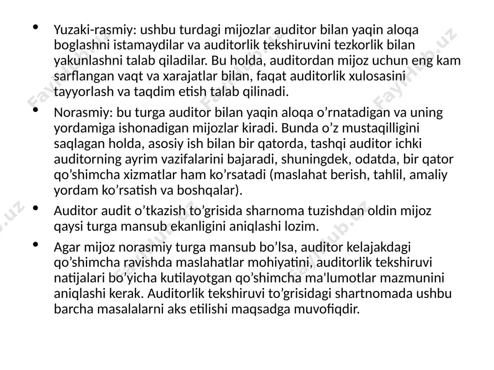 iklariga ishonch hosil qflishi kerak. mijoz biznesini bflishlikdan samaradorlik bilan foydalanish maqsadida auditor ushbu bilim umuman moliyaviy hisobotga qanday ta'sir ko’rsatayotganini va moliyaviy hisobotdagi tasdiqlar auditor tomonidan mijoz biznesi to’grisida olgan bilimlariga muvofiqugini ko’rib chiqishi lozim. auditorlik tekshiruvini o’tkazish to’grisidagi shartnoma "mijoz-auditor" o’zaro munosabatlarini chegaralab beruvchi rasmiy hujjat hisoblanadi va umumiy jihatlari man tadbirkorlik faoliyatida qo’uaniladigan shartnomalardan farq qilmaydi. bu hujjat, boshqa shartnomalar kabi, tomonlaming, ya'ni shartnoma ishtirokcmarining, bu erda buyurtmachi-mijoz va ijrochi-auditor, o’zaro keusmgan manfaatlarini huquqiy tomondan tartibga soladi. shuning bilan bir qatorda, auditorlik tekshiruvini o’tkazish to’grisidagi shartnoma tadbirkorlikda qo’llaniladigan boshqa shartnomalardan muhim farqlari ham mavjud - bu, birinchi navbatda, shartnoma tuzish vaqtida oshkorasiz holda uchinchi tomon (moliyaviy hisobot ma'lumotlaridan foydalanuvchilar) manfaatlarini hisobga olishdir. zero, amalda, agar tekshiruv sifatsiz o’tkazilganligi natijasida zarar etkazilsa, auditor nafaqat mijoz oldida, balki ushbu foydalanuvchilar oldida ham mas'uldir. shartnoma imzolanishidan oldin, auditor o’zi uchun nafaqat imkoniyati boricha mijoz istaklarini aniqroq bilib olishi, balki unga …