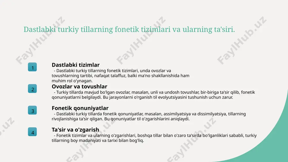 lar o'rtasida ta'sir ko'rsatadi, shuningdek, tarixiy jarayonlar orqali turkiy tillarning rivojlanishiga yangi o'zgarishlar kiritadi. fonetik qonuniyatlar orqali turkiy tillarning rivojlanish dinamikasi. 1 fonetik qonuniyatlar fonetik qonuniyatlar turkiy tillarning rivojlanishida muhim rol o'ynaydi, bu qonuniyatlar orqali tillarning o'zgarishi va shakllanish jarayonlari tushuniladi. 2 rivojlanish dinamikasi turkiy tillarning rivojlanish dinamikasi fonetik qonuniyatlar orqali aniqlanadi, bu esa tarixiy va lingvistik kontekstda tillarning tarixi bilan bog'liq. 3 o'zgarishlar va ta'sir fonetik qonuniyatlar turkiy tillarda o'zgarishlarga ta'sir ko'rsatadi, bu esa tillarning o'zaro bog'lanishini va madaniy aloqalarni mustahkamlashga yordam beradi. turkiy tillar fonetikasining madaniy merosdagi roli. 1 fonetik meros turkiy tillar fonetikasi, tarixiy merosimizning ajralmas qismi bo'lib, milliy identifikatsiyani saqlab qolish uchun muhim ahamiyatga ega. 2 madaniyat va til turkiy tillarning fonetik qonuniyatlari, o'ziga xos madaniyat va an'analarni ifoda etishda hisobga olinishi kerak, bu esa til va madaniyat uyg'unligini ta'minlaydi. 3 tarixiy o'rganish fonetik qonuniyatlar, turkiy tillarning rivojlanish tarixini o'rganishda muhim manba hisoblanadi, bu esa lingvistik …