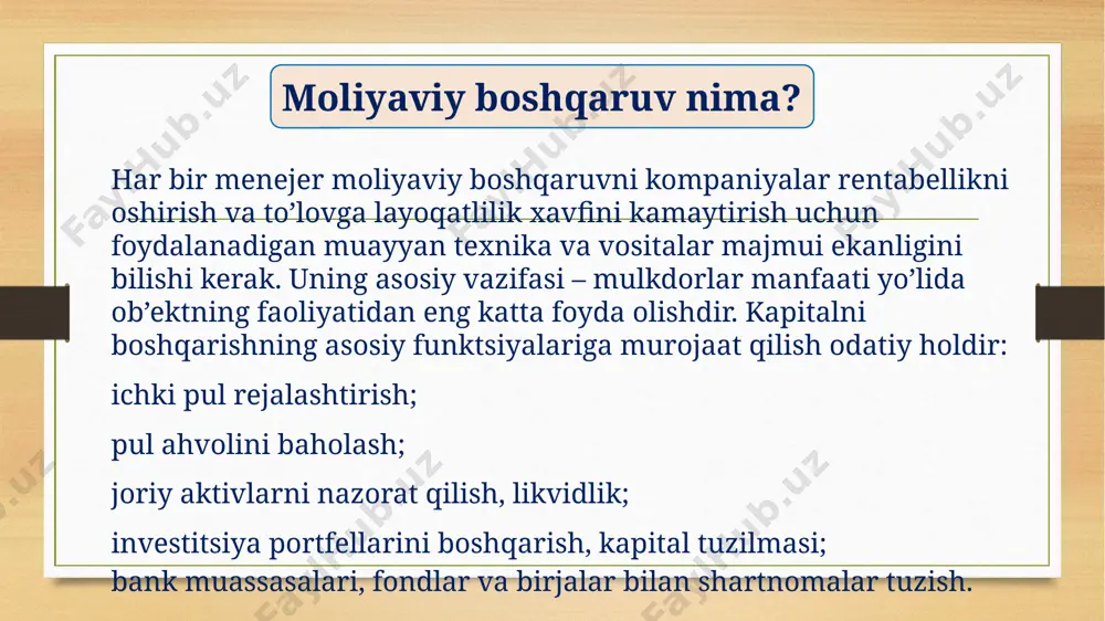 lashuvi; kapitalni diskontlash; mumkin bo’lgan moddiy xavfni kamaytirish usullari. har bir sanoatning asosiy qoidalariga rioya qilish har doim ham yaxshi natijalarga olib keladi. o’z biznesim istisno emas. ko’plab menejerlar va yuqori lavozimni egallashni istovchilar, moliyaviy boshqaruvning oltin qoidasini bilishadi. ushbu sohada ba’zi mutaxassislar, bir emas, balki kamida beshta bunday postulatlar mavjudligiga ishonch hosil qiladi. ularga rioya qilish, muvaffaqiyatga erishish va o’zini pro va kuchli raqib deb e’lon qilishingiz mumkin. direktorlar uchun beshta qonun mavjud: moliyaviy boshqaruvning oltin qoidasining mohiyati nima? kuchli moliyaviy boshqaruvni qo’llamasdan muvaffaqiyatli bo’lish imkoni bo’lmaydi . biznesdagi kamchiliklarning ko’pchiligi yomon boshqaruv natijasidir va ular etarli darajada investitsiyalar va qarzlar, xarajatlar va daromadlarga e’tiborsizlik. siz o’lchamaslikni nazorat qila olmaysiz . ko’pincha sezgi o’z ishida yordam beradi, natijada ishlashni o’lchash muhimroqdir, shuning uchun o’z-o’zidan o’lchashni hal qilish kerak. buning sabablari va ularning oqibatlariga e’tibor berish muhimdir . yakuniy natijani o’lchash etarli emas har bir narsa nisbiy bo’lgani uchun, solishtirish …