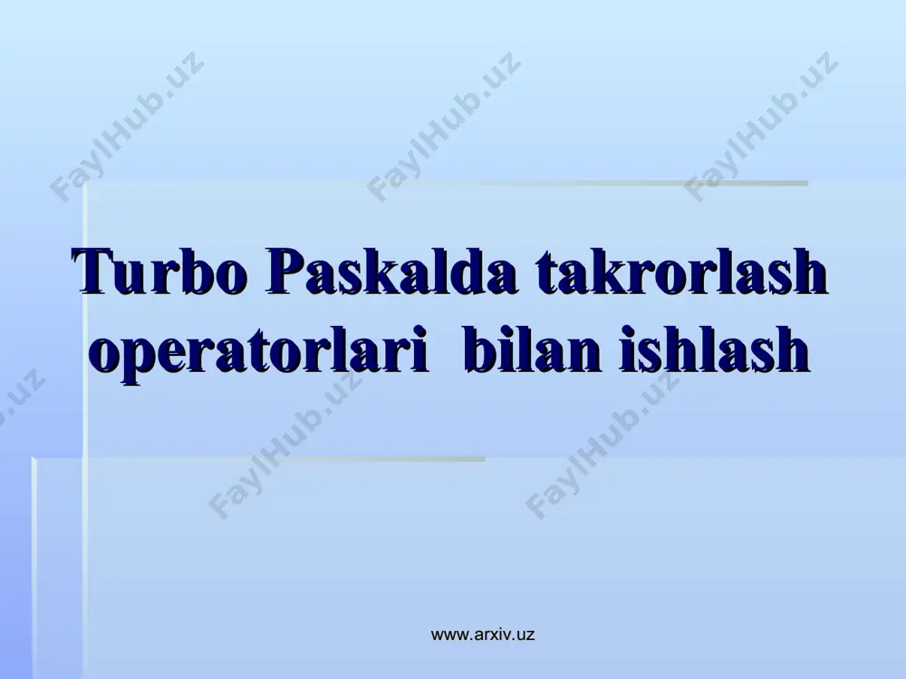 l ko`rinishini taxlil qilamiz. www.arxiv.uz www.arxiv.uz mavzu mazmuni for to do operatori for to operatori shartlar asosida ishlashi lozim bo’lgan ammo bajariladigan vazifasi bir bo`lgan masalani ko`rib o`tamiz. masala: “salom” so`zini dastur monitorda 10 marotaba yozishi lozim. program salom; var i:integer; begin i:=1; for i=i+1 to 10 do writeln(‘salom’); end. bunda i o`zlashtiriluvchi butun songa teng bo’lib toki 10 raqamiga ega bo`lmaguncha protsedura takrorlanadi. bu operatorni aniq chegaralangan echimga ega bo`lgan masalalarda qo’llash qulay hisoblanadi. www.arxiv.uz www.arxiv.uz while l do p; operatori bu operator ham ma`lum masalani turli echimlarini bir hil amal bilan qullanishda foydalanish uchun ishlatiladi. bunga quyidagi misolni keltirib o`tamiz. shu operator yordamida faktoriallarni hisoblash dasturini ko`rib o`tamiz. program factorial; var i,n,p:integer; begin readln(n); p:=1; i:=1; while i b do for 1 to 10=1 then turbo paskalda dasturning to`g`ri tartibini ko`rsating. uses,label,var,begin,end. uses,var,label,begin,end. label,var,uses,begin,end. var,label,usas,begin,end. while takrorlash operatorini to`g`ri qatorini aniqlang. for to while repeat l while do …