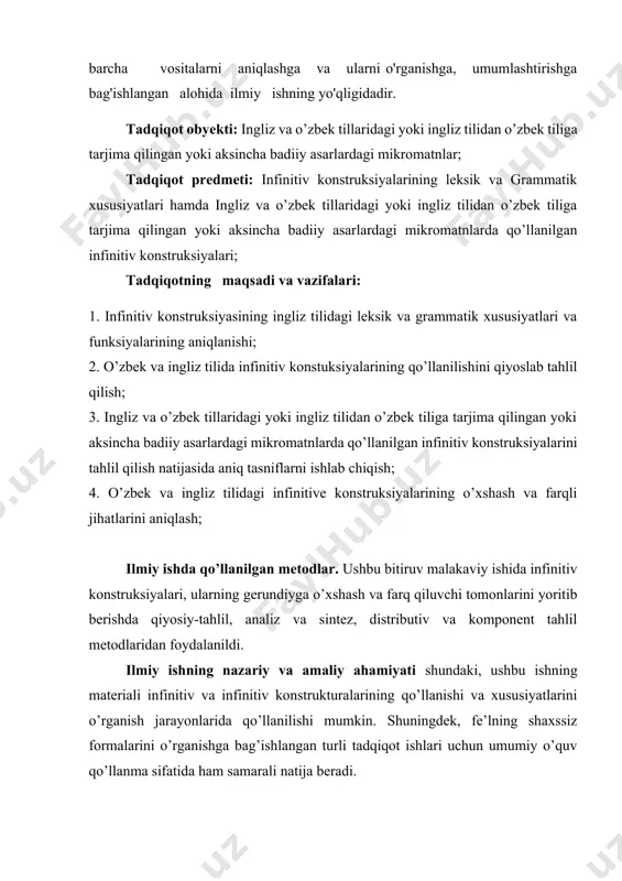 gapda kesim bo’lib kela olmaydi. ular fe’lning aniq shakllari singari zamon va nisbat tafovutlariga ega, ammo ularning zamon tafovutlari fe’lning aniq shakllaridagi zamon tafovutlaridan farq qiladi. ingliz tilida fe’lning uchta shaxssiz shakllari bor. ular: sifatdosh, gerundiy(harakat nomi) va infinitivdir. rus tilida ham fe’lning uch noaniq shakli mavjud, ammo ular ingliz tilidagi fe’lning noaniq shakllariga to’liq o’xshamaydi. ingliz tilidagi fe’lning shaxssiz shakllari quyidagi xususiyatlarga ega: 1. ular ikki xil xususiyatga, otlik va fe’llik xususiyatlariga ega. sifatdosh fe’lning xususiyatlarini sifat xususiyatlari orqali ifodalaydi; gerundiy hamda infinitiv esa fe’lning xususiyatlarini otnig xususiyatlari yordamida ifodalaydi. 2. fe’lning shaxssiz shakllaridagi zamon tafovuti fe’lning aniq shakllarinikiga o’xshab aniq emas, balki nisbiydir. fe’lning noaniq shakli ish-harakatning hozirgi, o’tgan yoki kelasi zamonga tegishliligini ko’rsatmaydi. u faqatgina fe’lning noaniq shakli ifodalagan ish-harakat aniq fe’l tomonidan ifolangan ish-harakat bilan bir xil vaqtda yoki oldin sodir bo’lganini ko’rsatadi xolos. infinitiv fe’lning shaxsi noma’lum shakli bo’lib, harakatning nomini bildiradi; shaxsini ham, sonini …
