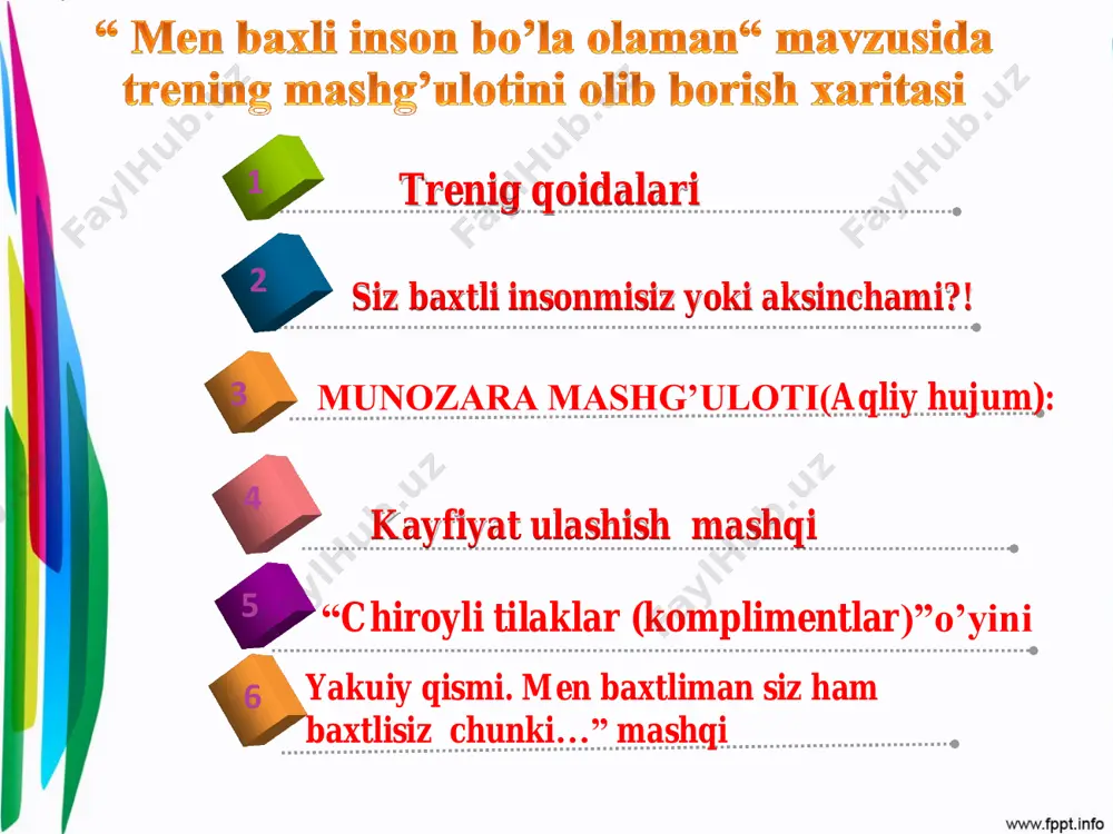 i,so’ngra uni kim qanday aks ettirganligini muhokama qilish mumkin.agar bolalardan biri boshlovchi bo’lish istagini bildirib, qanday kayfiyat namoyon qilishni bilmasa, pedagog unga yordamlashib yuboradi va sekingina qulog’iga qandaydir kayfiyatini maslaxat beradi. maqsad • :bolalarga ijobiylikni qabul qilishni o’rgatish, o’zining ijobiy • fazilatlarini tan olishni qo’llab- quvvatlash, o’zgalarni ham ijobiy • tomondan qabul qilishga o’rgatish. o’yinning borishi. • o’yin qo’yidagi so’zlardan boshlanadi: “menga sizdagi … juda yoqadi”. bola o’yinning barcha ishtirokchilariga ushbu iborani aytadi. boshqa bolalar ham xuddi shunday o’zgadagi ijobiy fazilatlarni (komplimentlarni) aytadi. o’yindan so’ng albatta o’yindan olingan taassurotlarni, xissietlarni muxokama qilib, barchaning kayfiyatini bilish lozim. komplimentlarni aytish va eshitish yoqqanligi to’g’risida ham fikr olish lozim yakuiy qismi. • har bir ishtirokchi mashq davomida “ men baxliman chunki… jumlasini davom ettirib, keyin sherigini ham siz baxtlisiz chunki… jumlasi bilan davon ettiradi. men baxtli inson bo’la olaman • xulosa qilib, shuni ta’kidlash kerak-ki, siz er yuzida yashovchi millard-millard insonlardan ko’ra baxtliroq, …
