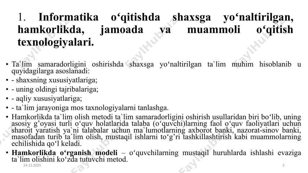 yotlarda muammoli ta`limning ilmiy-nazariy asoslari haqida gap borganda, uni ta`limning metodi, printsipi yoki alohida tizim deb hisoblash holatlari uchraydi. muammoli ta`limni qanday nomlashdan qat`iy nazar uning asosiy hususiyati – bilim oluvchining aqliy faolligini oshirish, mustaqil, ilmiy, ijodiy izlanish, oʻzi uchun yangi bilim, koʻnikma va malakalarni kashf etishdan iboratdir. 29.04.2022 4 demak, muayyan mavzuni muammo shaklida olib chiqish yoʻli bilan egallanadigan bilim, koʻnikma va malakalar yig’indisiga muammoli ta`lim deyiladi. respublikamizda zamonaviy pedagogik texnologiyalarning ta`lim jarayoniga tatbiq etilishi muammoli ta`limni hozirgi sharoitda dolzarb pedagogik masalaga aylantirdi. muammoli ta`lim oʻzining maxsus tushunchalariga ega boʻlib, ularning mohiyatini bilmasdan turib, mashg’ulotlarni muammoli tarzda tashkil etib boʻlmaydi. 29.04.2022 5 muammoli ta`lim quyidagi asosiy tushunchalarga ega: - muammo - muammoli savol - muammoli vazifa - muammoli topshiriq - muammoli vaziyat muammoli ta`limning asosiy tushunchalariga izoh berishdan oldin, tayyor bilimlarni oʻqituvchi tamonidan berilishi yoki oʻquvchining mustaqil egallashini izohlikoʻrgazmali metodi natijasi sifatida aniq tasavvurlar hosil qiladigan, ongda saqlanadigan, zarur …