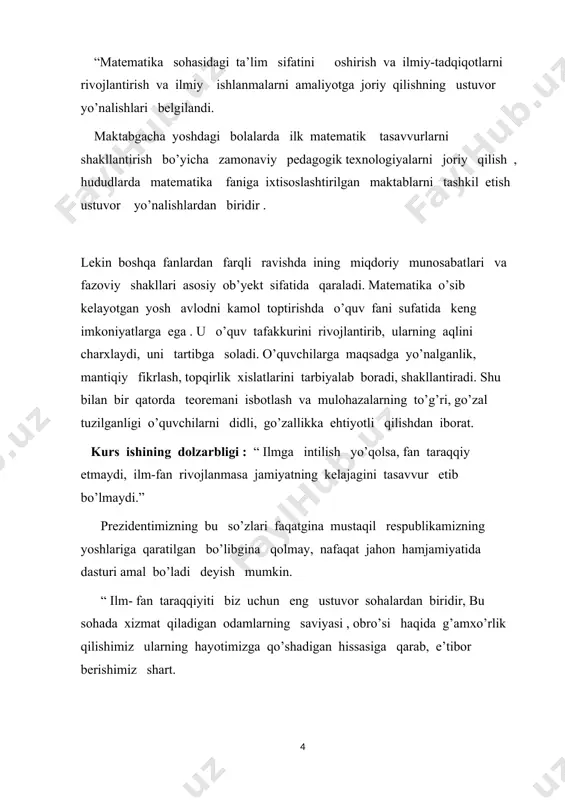 va metodologik ahamiyatga ega bo’lib, mustaqil tadqiqotlarda , maktabda, kollej va litseylarda maxsus kurslar o’qitishda , to’garaklarda, matematik kechalarda foydalanilishi mumkin. kurs ishining tarkibiy tuzilishi . kurs ishi kirish, asosiy qism, xulosa, foydalanilgan adabiyotlar ro’yxati va internet ma’lumotlaridan iborat. i bob. yuqori tartibli differensial tenglamalar. yuqori tartibli differensial tenglamalar haqida tushuncha n-tartibli chiziqli differensial tenglama deb, y(n)+p1(x)y(n-1)+p2(x)y(n-2)+ … +pn(x)yʹ+pn(x)y=f(x) (1) ko’rinishidagi tenglamaga aytiladi. bu yerda p1(x), p2(x), … , pn(x) va f(x) lar biror [a , b] kesmada uzluksiz funksiyalar. agar f(x)0 bo’lsa, (1) yenglama chiziqli bir jinsli bo’lmagan tenglama deyiladi. aks holda, ya’ni f(x)=0 bo’lsa, (1) tenglama y(n)+p1(x)y(n-1)+p2(x)y(n-2)+ … +pn(x)yʹ+pn(x)y=0 (2) ko’rinishga kelib, chiziqli bir jinsli differensial tenglama deyiladi. 1. agar n ta 1, 2, … ,n bir vaqtda nolga teng bo’lmagan sonlar mavjud bo’lib, [a , b] kesmada barcha x lar uchun 1y1+ 2y2+ … +n yn=0 (3) y1, y2, … ,yn funksiyalar sistemasi [a , b] kesmada …