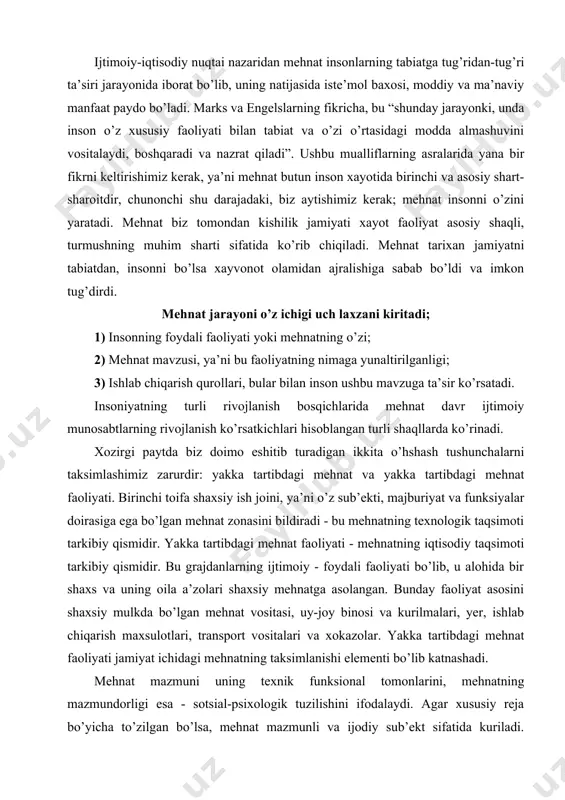 nat va yakka tartibdagi mehnat faoliyati. birinchi toifa shaxsiy ish joini, ya’ni o’z sub’ekti, majburiyat va funksiyalar doirasiga ega bo’lgan mehnat zonasini bildiradi - bu mehnatning texnologik taqsimoti tarkibiy qismidir. yakka tartibdagi mehnat faoliyati - mehnatning iqtisodiy taqsimoti tarkibiy qismidir. bu grajdanlarning ijtimoiy - foydali faoliyati bo’lib, u alohida bir shaxs va uning oila a’zolari shaxsiy mehnatga asolangan. bunday faoliyat asosini shaxsiy mulkda bo’lgan mehnat vositasi, uy-joy binosi va kurilmalari, yer, ishlab chiqarish maxsulotlari, transport vositalari va xokazolar. yakka tartibdagi mehnat faoliyati jamiyat ichidagi mehnatning taksimlanishi elementi bo’lib katnashadi. mehnat mazmuni uning texnik funksional tomonlarini, mehnatning mazmundorligi esa - sotsial-psixologik tuzilishini ifodalaydi. agar xususiy reja bo’yicha to’zilgan bo’lsa, mehnat mazmunli va ijodiy sub’ekt sifatida kuriladi. begona xokimlikni irodaga bo’ysindirish - psixologik va ijtimoiy yiroklashishga yo’l. mana shuning uchun ishchilar, xodimlar oldiga maqsad va vazifani quyish va bu maqsadga erishish yo’llarini tanlashda, shubxasiz, uning faoliyatini noziqlik bilan na’zorat qilish bilan ular …
