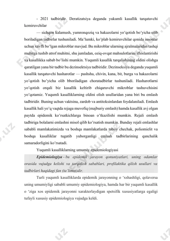 profilaktika qilish usullari va tadbirlari haqidagi fan (ta’limot)dir. turli yuqumli kasalliklarda epidemik jarayonning o ʻxshashligi, qolaversa uning umumiyligi sababli umumiy epidemiologiya, hamda har bir yuqumli kasallik o ʻziga xos epidemik jarayonni xarakterlaydigan spetsifik xususiyatlarga egaligi tufayli xususiy epidemiologiya vujudga keldi. epidemik jarayon yuqumli kasalliklar qoʻzgʻatuvchilarining kishilar jamoasi orasida tarqalishi epidemik jarayon deyiladi. epidemik jarayon quyidagi uchta zaruriy sharoit (harakatlantiruvchi kuchlar) mavjud bo`lgandagina vujudga keladi: 1. infeksiya manbai. 2. infeksiyaning yuqish mexanizmi. 3. aholining kasallikka moyilligi. koʻrsatilgan bu sharoitlardan birortasi boʻimasa, epidemik jarayon to ʻxtaydi. shuni ham aytish zarurki, bu sharoitlarning mavjudligigina epidemik jarayon rivojlanishi uchun yetarli emas. imkoniyat qulay sharoitlar boʻlgandagina reallikka aylanadi. odamning bunday hayotiy sharoitlariga tabiiy va ijtimoiy sharoitlar kiradi. epidemik jarayonning birlamchi elementi epidemik o ʻchoqdir. epidemik oʻchoq - bu infeksiya manbaining konkret holatda mazkur infeksiyaning atrofdagi kishilarga yuqishi mumkin boʻlgan ma’lum territoriyasi hisoblanadi. epidemik jarayonning quyidagi darajalari farqlanadi: 1. sporadik kasallanish - kasallanishning onda - sonda …