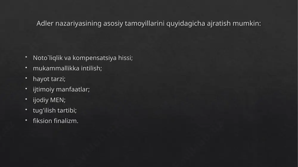 birinchi bo'lib paydo bo'lgan va unga eng katta ta'sir ko'rsatadigan onasi, ijtimoiy qiziqishni rivojlantirish uchun ko'p harakat qiladi. aslida, adler onalikni tarbiyalashga qo'shgan hissasini ikki tomonlama ish deb biladi: yetuk ijtimoiy qiziqishlarni rivojlantirishni rag'batlantirish va ularga onalik ta'sir doirasidan chiqib ketishga yordam berish. ikkala funktsiyani ham bajarish oson emas va ular har doim bolaning onasining xulq -atvorini qanda darajada ta'sir qiishini tushuntirishishidan iborat. ijodiy "men". ijodiy "men" kontseptsiyasi adler nazariyasining eng muhim konstruktsiyasi, uning personolog sifatida eng yuqori yutug'idir. u bu tuzilmani kashf qilib, o'z tizimiga kiritganida, boshqa barcha tushunchalar unga nisbatan bo'ysunuvchi pozitsiyani egalladi. u inson hayotining faol tamoyilini o'zida mujassam etgan. bu adler qidirgan narsadir. uning ta'kidlashicha, turmush tarzi shaxsning ijodiy qobiliyatidan kelib chiqadi. boshqacha aytganda, har kim o'z hayot tarzini o'zi yaratishi mumkin. oxir oqibat, kim bo'lishiga va o'zini qanday tutishiga odamlarning o'zi javobgar bo'ladi. bu ijodiy kuch inson hayotining maqsadi uchun javobgardir, bu maqsadga erishish usulini …