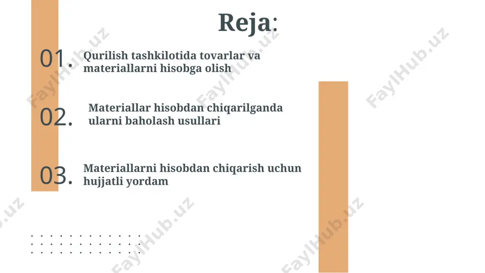 a. qurilish materiallarini to'g'ri va aniq hisobga olishga intilayotgan har qanday qurilish kompaniyasi aniq ish oqimi tizimini yaratishi kerak. qurilish materiallarini to'g'ri hisobdan chiqarish uchun ularning narxini to'g'ri tahlil qilish kerak. buxgalteriya hisobi bo'yicha qonun hujjatlariga muvofiq, maxsus material uning haqiqiy narxidan kelib chiqqan holda hisobga olinadi. haqiqiy tannarx - bu xarajatlar yig'indisi, shu jumladan: boshlang'ich qiymati; transport xarajatlari; maslahatlar narxi; bojxona to'lovi; vositachilik xizmatlarining narxi. qurilish uchun yuborilgan maxsus materiallar hisobdan chiqarilgan yoki boshqa har qanday utilizatsiya qilingan taqdirda, haqiqiy tannarxni aniqlash taklif qilingan usullardan biri yordamida hisobot davrida qurilish materialining har bir turi uchun alohida amalga oshirilishi kerak: yetkazib beriladigan qurilish materialining har bir birligining narxini aniqlash. ayniqsa qimmatbaho tovarlar va materiallarni hisobga olish uchun eng mos variant. o'rtacha xarajat qiymatini aniqlash. bu butun materiallar majmuasining umumiy qiymatini hisob birliklari soniga matematik bo'linishdir. birinchi kir, birinchi chiqadi - birinchi kir, birinchi chiqadi tamoyilidan foydalanish. - oxirgi kelgan maxsus …