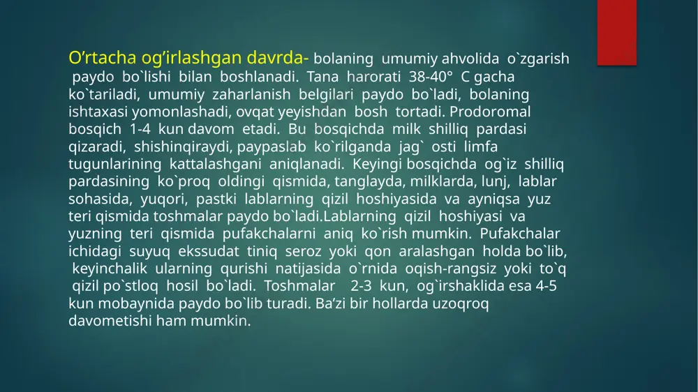 bir hollarda bolalar orasida gerpes virusnning organizmda saqlanib qolish hollari ham qayd etiladi. tez-tez shamollashlar, yuqumli kasalliklar va boshqa organizmni zaiflashtiruvchi omillar bunday bolalarda gerpetik stomatit xastaligining qaytalanishiga sabab bo`ladi. bunday hollarda bolaning umumiy ahvoli deyarli o`zgarmaydi. ba’zan bola umumiy ahvolining yomonlashuviga gripp, o`pka yallig`lanishi (pnevmoniya) kabikasalliklarning qo`shilishi sabab bo`lishi mumkin. xastalikning bunday qaytalanuvchi turida pufakchali toshmalar asosan lablarning qizil hoshiyasi,tanglay shilliq pardasida,milkning alveolyar qismi kamdan kam hollarda til shilliq pardasi yallig`lanadi. pufakchalarning tezda yorilishi natijasida shilliq pardalarda ko`pincha yuzasi och kul rang karash bilan qoplangan eroziya-shilinish belgilari ko’rinadi. ularning o`lchamlari 0,2-0,4 mm bo`lib, atrofi qizil hoshiya bilan o`ralgan bo`ladi. o`zaro qo`shilish hollari kamdan-kam kuzatiladi.qayd qilingan eroziya-shilinishlar natijasida hosil bo`lgan jarohatlar tezda (3-5 kunda) sog`lom epiteliy bilan qoplanib bitadi. ikkilamchi infeksiya ta’sirida jarohatlarning bitishi ancha sekinladi. ba’zan bu xastalik uch shoxli nerv tarmog`i bo`ylab og`riq paydo bo`lishi bilan kechnshi mumkin. surunkali qaytalovchi gerpetik stomatitda davolash chora-tadbirlari aynan o`tkirgerpetik stomatitdagidek amalga …