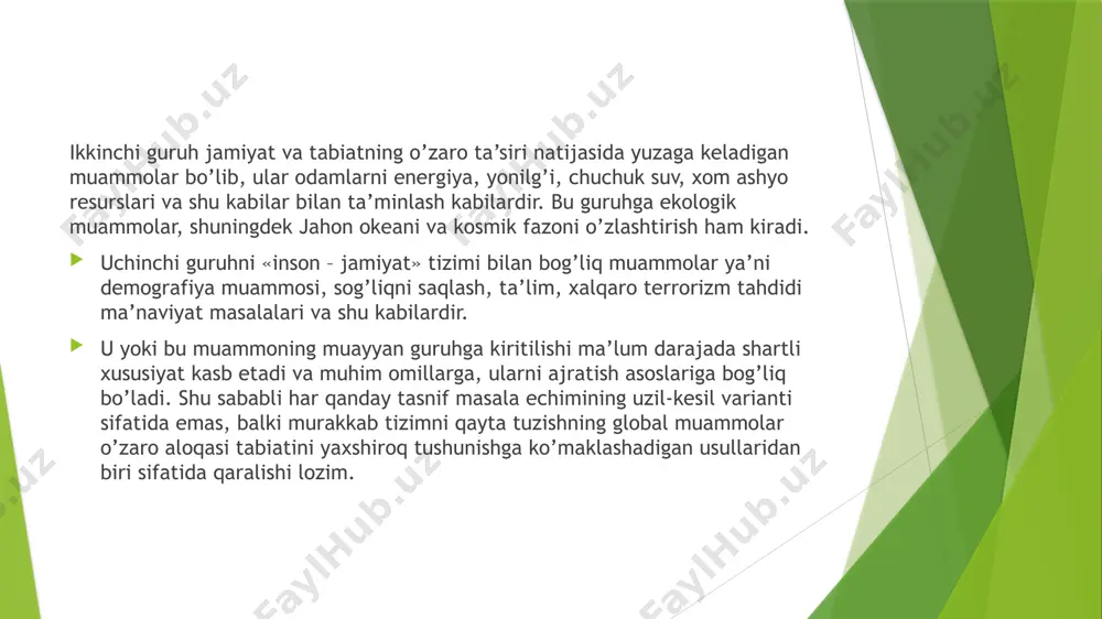miy nazariyalar ba’zan bilimning aksariyat muayyan sohalariga qaraganda ko‘proq samara berishi mumkinligi yaxshi ma’lum. albatta, falsafa siyosiy va boshqa qarorlar qabul qilish jarayoniga muqarrar tarzda va bevosita ta’sir ko‘rsatadi, deb aytish uncha o‘rinli bo‘lmaydi. zero, uning bosh vazifasi dunyoqarashni shakllantirish va shu tariqa amaliy qarorlar ishlab chiqish jarayoniga bilvosita ta’sir ko‘rsatishdan iborat. uning vazifasi global muammolarning tabiiy-ilmiy va texnikaviy jihatlarini bevosita o‘rganishdan emas, balki boshqa fanlar taklif qiladigan tegishli yechimlarning falsafiy, metodologik, madaniy va axloqiy negizini ta’minlashdan iborat. falsafiy tadqiqot muayyan fanlarning mazkur sohadagi yutuqlariga tayanib, falsafiy tadqiqot muayyan fanlarning mazkur sohadagi yutuqlariga tayanib, masalaning ayrim jihatlarini mavhumlashtiradi va global muammolarni ular bir-birini qay darajada taqozo etishi nuqtai nazaridan o‘rganadi. boshqacha aytganda, falsafiy yondashuv global muammolarni ularning ijtimoiy ahamiyati va ijtimoiy belgilanganligi nuqtai nazaridan yaxlit o‘rganishni nazarda tutadi. bunday tadqiqot avvalo global muammolarning mohiyatini aniqlashni nazarda tutadi, chunki ularning asl tabiati va genezisini aniqlash bu muammolarning ilmiy va to‘rtinchidan, falsafa …