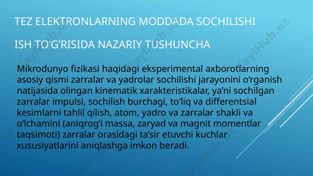 talik sochilishni hisoblash uchun foydalanish mumkin. buning uchun zaruriy shart bnd < 1. nishon qalinligi oshishi bilan qayta sochilish yuz beradi va bundan keyingi nishon moddasi qalinligining oshishi diffuziya sochilishiga olib keladi. energiyasi e = 1 mev bo‘lgan elektronlar uchun, diffuzion sochilishga yuz beradigan qalinlik x = 300 mg/sm² ni tashkil etadi. bu normal qalinlik deyiladi. shuni aniqlab o‘tish kerakki, atom va yadro fizikasi sohasida zarra yugurish uzunligi va modda qalinliklari massaviy kattalik “x” orqali ifodalanadi, ya’ni x = iρ, (g/sm² larda) ρ — modda zichligi, i — qatlam chiziqli o‘lchovi. fizikaviy ma’no bo‘yicha massaviy qalinlik — birlik yuzaga to‘g‘ri keladigan va qalinligi i bo‘lgan, ustun modda massasi. masalan, normal sharoitdagi i sm havo qalinlik, x = 1,3 g/sm² massaning qalinlikka teng bo‘ladi. qalinligi 15 mkm bo‘lgan alyuminiy (xuddi shunday folga ushbu ishda nishon sifatida foydalaniladi) x = ? g/sm² massaviy qalinlikka ega bo‘ladi. bu qiymat normal qalinlikdan ancha kichik, …