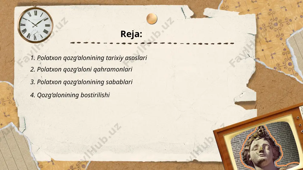 ing yo‘qligi, boyar va mulkdorlarning kamsituvchi siyosati, shuningdek, markaziy rossiyada kuchaygan bosim aholini g‘azabga soldi. natijada, bu qo‘zg‘alon ko‘plab fuqarolar beqarorligini aks ettirdi, biroq oxir-oqibat, razin qo‘lga olinib, qatl etildi, va qo‘zg‘alon bostirildi. ... t.me/slaydai_bot 4. polatxon qozg‘aloni va mahalliy aholining qo‘llab-quvvatlashi polatxon qoʻzgʻoloni 1702-1705 yillarda toshkent va unga yaqin hududlarda boʻlib oʻtgan isyon edi. qo‘zg‘olon buxoro notinchliklari va soliq zulmiga qarshi bo‘lgan. polatxon, isyon rahbari, o‘ziga ko‘plab mahalliy qo‘llovchilarni to‘plab, toshkent aholisi tomonidan faol qo‘llab-quvvatlandi. isyon dastlab muvaffaqiyatli bo‘lib, bir qancha hududlar nazoratga olingan. ammo, buxoro xoni ubaydullaxon boshchiligidagi qoʻshinlar isyonni bostirishga muvaffaq bo‘ldi va polatxon qatl etildi. bu voqea mahalliy aholining noroziligiga sabab bo‘lib, kelajakda yana boshqaruvga qarshi harakatlar uchun asos yaratdi. ... t.me/slaydai_bot polatxon qoʻzgʻalonining asosiy janglari buxoro amirligi va chor rossiyasi oʻrtasida sodir boʻldi. qoʻzgʻalonga 1916-yilda, birinchi jahon urushi davrida chor hukumati tomonidan amalga oshirilgan soliqlar va mardikorchilikka qarshi norozilik sabab boʻldi. qoʻzgʻalonchilar buxoro amirligi hududida …