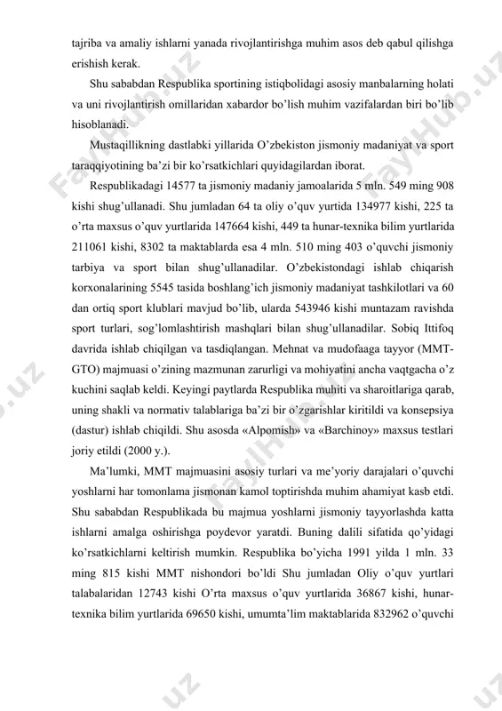 vrida ishlab chiqilgan va tasdiqlangan. mehnat va mudofaaga tayyor (mmt-gto) majmuasi o’zining mazmunan zarurligi va mohiyatini ancha vaqtgacha o’z kuchini saqlab keldi. keyingi paytlarda respublika muhiti va sharoitlariga qarab, uning shakli va normativ talablariga ba’zi bir o’zgarishlar kiritildi va konsepsiya (dastur) ishlab chiqildi. shu asosda «alpomish» va «barchinoy» maxsus testlari joriy etildi (2000 y.). ma’lumki, mmt majmuasini asosiy turlari va me’yoriy darajalari o’quvchi yoshlarni har tomonlama jismonan kamol toptirishda muhim ahamiyat kasb etdi. shu sababdan respublikada bu majmua yoshlarni jismoniy tayyorlashda katta ishlarni amalga oshirishga poydevor yaratdi. buning dalili sifatida qo’yidagi ko’rsatkichlarni keltirish mumkin. respublika bo’yicha 1991 yilda 1 mln. 33 ming 815 kishi mmt nishondori bo’ldi shu jumladan oliy o’quv yurtlari talabalaridan 12743 kishi o’rta maxsus o’quv yurtlarida 36867 kishi, hunar-texnika bilim yurtlarida 69650 kishi, umumta’lim maktablarida 832962 o’quvchi va ishlab chiqarish korxonalarida 81593 kishi bu majmuaning barcha talabalarini bajaradilar. respublikadagi jismoniy madaniyat jamoalari, sport klublari, sport jamiyatlari va …