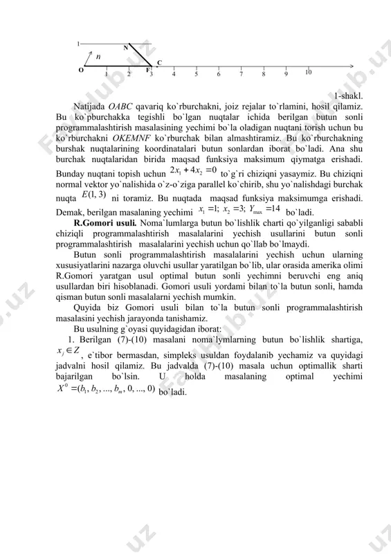 rogrammalashtirish masalasining ham yechimi bo`ladi. 2. аgar yechimda larning ba`zilari yoki hammasi kasr sonlardan iborat bo`lsa, u holda shartning bajarilishi uchun «kesuvchi tenglama» deb ataluvchi qo`shimcha tenglama tuziladi. buning uchun quyidagi tushunchalrni kiritamiz: ixtiyoriy ratsional sonni (11) ko`rinishda yozish mumkin. bu yerda sonnig butun qismi; sonning kasr qismi (, butun bo`lsa ). masalan, jadvalning ustunidagi kasr sonlardan iborat bo`lgan satrlardan shart asosida kerakli satrni ajratib olamiz. masalan, bo`lsin. demak, satr ajratib olindi. bu satr uchun belgilash kiritib quyidagi tengsizlikni hosil qilamiz: . (12) bu tengsizlikdan (13) kesuvchi tenglamani hosil qilamiz va bu tenglama asosiy tenglamalar sistemasiga kiritib yoziladi. so`ngra bazis yechim almashtiriladi. bunda ikkilangan simpleks usulidan foydalaniladi. bu jarayon masalaning yechimda faqat butun sonlar hosil bo`lganicha yoki yechimning mavjud emasligi aniqlanguncha takrorlanadi. har bir bosqichda tuzilgan qo`shimcha tеnglama kesuvchi tenglama deb atalishiga sabab, bu tenglama yordamida bеrilgan butun sonli programmalashtirish masalasi yechimlar to`plamidagi kasr sonli yechimni o`z ichiga oluvchi qismi …