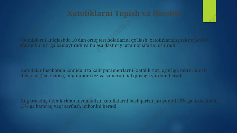 him ahamiyat kasb etadi. nofunksional testlash xavfsizlik testlari, nofunksional testlashning bir qismi bo'lib, ma'lumotlar bazasi himoyasi kabi 10 dan ortiq xavfsizlik nuqtalarini tekshiradi va sql in'ektsiyalariga qarshi chidamlilikni baholaydi. saytning yuklanish tezligi va javob berish vaqti kabi muhim parametrlarni o'lchash orqali, nofunksional testlash ishlashi 3 soniyadan kam bo'lishi kerakligini aniqlaydi. nofunksional testlash, foydalanuvchi interfeysi (ui) elementlarining 5 dan ortiq turini o'z ichiga olgan murakkab tizimlarda, navigatsiya va intuitivlikni tekshirishni o'z ichiga oladi. funksional testlash regressiv testlash – funksional testlashning bir turi bo'lib, yangi o'zgarishlardan so'ng dasturning oldingi funksiyalarining ishlashini tekshirishni o'z ichiga oladi, kamida 3 ta versiya taqqoslanadi. funksional testlashda "qora quti" usuli qo'llaniladi, ya'ni dasturning ichki tuzilishi emas, faqat kirish va chiqish ma'lumotlariga e'tibor qaratiladi, 10 ta asosiy funksiya tekshiriladi. funksional testlash jarayonida 50 dan ortiq test holati bajarilishi va natijalarini tahlil qilish orqali dasturning talablarga muvofiqligiga ishonch hosil qilinadi. test rejalashtirish va boshqaruv test rejalarini ishlab chiqishda kamida …