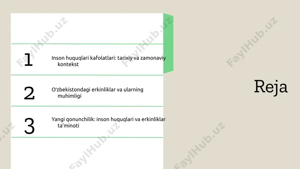 iy asoslar zamonaviy inson huquqlari kafolatlari oʻzbekiston konstitutsiyasi va boshqa qonunlarda mustahkamlangan. shuningdek, oʻzbekiston xalqaro inson huquqlari konventsiyalariga ham qo'shilgan, bu esa huquqiy asoslarni yanada kuchaytirdi. xalqaro standartlar oʻzbekiston xalqaro huquq standartlariga mos ravishda inson huquqlarini himoya qilishga intilmoqda. bunga bmt va boshqa xalqaro tashkilotlar bilan hamkorlik qilish orqali erishilmoqda. xulosa zamonaviy oʻzbekistonda inson huquqlari kafolatlari rivojlanib bormoqda. bu rivojlanish fuqarolarni huquqiy himoya qilish, erkinliklarini kengaytirish va davlatning obro'sini oshirishga xizmat qiladi. title: inson huquarlari: o'zbekistondagi amalga oshirolishi subtitle: o'zbekistonda inson huquqlarining amalga oshirilishi paragraph: o'zbekistonda inson huquqlarining amalga oshirilishi mamlakatda demokratik islohotlar va barqarorlikni ta'minlashda muhim rol o'ynaydi. davlat tomonidan qabul qilingan qonunlar va dasturlar fuqarolarning erkinliklarini kengaytirishga qaratilgan, bu esa ijtimoiy hayotda ishtirok etishni oshiradi. bullet points: - ijtimoiy jihatlar: ta'lim va sog'liqni saqlash sohalarida inson huquqlarini ta'minlash. - iqtisodiy jihatlar: ish o'rinlari yaratish va iqtisodiy imkoniyatlarni kengaytirish. - siyosiy jihatlar: fuqarolik jamiyatini rivojlantirish va siyosiy ishtirokni rag'batlantirish. …