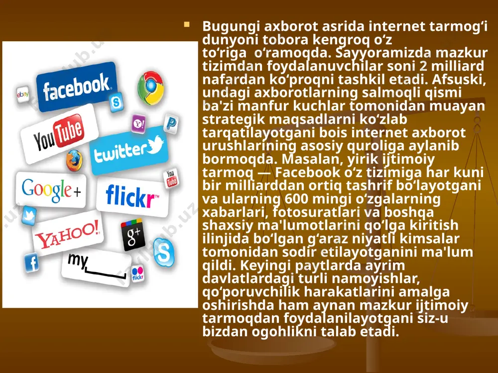 bilan to‘ldirish ham eng dolzarb zaruriyatdir. ta'kidlash joizki, bu borada bir qator yutuqlarga erishilmoqda. jumladan, 2002 yilda "uz" domenida atigi 587ta sayt faoliyat yuritgan bo‘lsa, endi ularning soni 14 mingdan oshib ketdi. shundan 160dan ortig‘i oav sifatida ro‘yxatga olingan. axborot-kutubxona markazlarining fondi ham 21401 nusxadagi adabiyotga ko‘payib, 4 million 952 ming 132 nusxani tashkil etmoqda. bugun yurtdoshlarimiz ongiga, bir qarashda arzimas bo‘lib tuyuladigan kichkina xabar ham globallashuv shiddatidan kuch olib, ko‘zga ko‘rinmaydigan, lekin zararini hech narsa bilan qoplab bo‘lmaydigan darajada ulkan ziyon yetkazishi mumkin. bunday tahdidlarga qarshi har tomonlama chuqur o‘ylangan, ilmiy asosda puxta tashkil etilgan, uzluksiz olib boriladigan ma'naviy tarbiya bilan javob berish lozim. toki yoshlarimiz milliyligini saqlab qolgan holda, dunyoni chuqur anglaydigan, davr shiddati bilan baqamti qadam tashlaydigan insonlar bo‘lib yetishsin. ana shunda axloq-odob tushunchalarini rad etadigan, biz uchun mutlaqo begona g‘oyalar yurtdoshlarimizga o‘z ta'sirini o‘tkaza olmaydi. 50 millionlik foydalanuvchiga ega bo‘lish uchun radioga 38 yil , televideniyega …