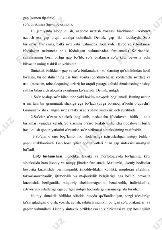 ga bo’lgan nutqiy hodisalarga qarama-qarshi turadi. nutqiy sintaktik birliklar sifatida nutqda qo’llaniladigan, sezgi a‘zolariga ta‘sir qiladigan o’qish, yozish, aytish, eshitish mumkin bo’lgan so’z birikmalari va gaplar tushuniladi. lisoniy sintaktik birliklar esa so’z birikmasi va gap hosil qilish qoliplaridir. biz ularni lisoniy sathga tegishli bo’lganligi uchun lisoniy sintaktik qolip (qisqacha lsq) lar deb ataymiz. lsq nima? g’isht quyuvchi usta g’isht quyishda qolipdan foydalanadi. loyni qolipning kataklariga joylashtirib, u qolip shaklini olgach, qolipdan chiqarib to’kadi. qolip asosida qancha g’isht quyilsa ham, g’ishtlarning barchasi bir xil shaklga ega bo’ladi. bu bir xillik g’ishtlarning o’ziga bog’liq bo’lmay, qolipning xususiyatlari bilan aloqadordir. lsqlar ham g’isht qoliplariga o’xshaydi. inson ongida ham so’zlash, nutqni shakllantirish maqsadida leksemalarni so’z birikmalari shakliga keltirish, gap hosil qilish qoliplari mavjud. ular lsqlar, modellar, konstruktsiyalar, qurilmalar tarzida nomlansa-da, aslida, bir tushunchani ifodalaydi. masalan, kitobni o’qimoq kabi cheksiz birikmalarni chiqaradigan [ot + fe‘l] so’z birikmasi qolipi, qanday nomlanmasin, bu uning mohiyatiga ta‘sir qilmaydi. …