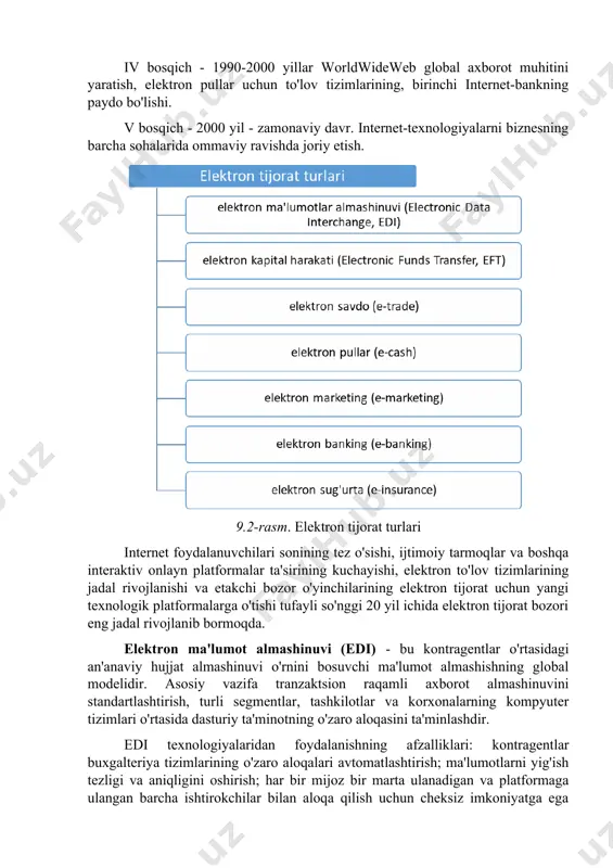 vini standartlashtirish, turli segmentlar, tashkilotlar va korxonalarning kompyuter tizimlari o'rtasida dasturiy ta'minotning o'zaro aloqasini ta'minlashdir. edi texnologiyalaridan foydalanishning afzalliklari: kontragentlar buxgalteriya tizimlarining o'zaro aloqalari avtomatlashtirish; ma'lumotlarni yig'ish tezligi va aniqligini oshirish; har bir mijoz bir marta ulanadigan va platformaga ulangan barcha ishtirokchilar bilan aloqa qilish uchun cheksiz imkoniyatga ega bo'lgan aloqa platformasining mavjudligi; sheriklar o'rtasida ziddiyatli vaziyatlarda yordam berish; jalb qilingan xodimlarga bo'lgan ehtiyojning 70% ga, sarf materiallari narxining 80% ga kamayishi. elektron kapital harakati (eft) - naqd pulsiz hisob-kitoblarni amalga oshirish, elektron almashinuv yoki bir hisobdan boshqasiga pul o'tkazish, pul tranzaksiyalarini va ular bilan bog'liq ma'lumotlarni qayta ishlaydigan serverlar o’rtasida ma’lumotlar almashishdir. u bitimlarning mazmuni (debet, kredit), ularni qo'llash sohasi bo'yicha (masalan, biznes pul o’tkazmalari) yoki operator turlari (banklar, provayderlar) bo'yicha tasniflanadi. axborot jamiyati, aqlli iqtisodiyot, globallashuv jarayonlarining rivojlanishi elektron marketingdan foydalanishni taqozo etmoqda. elektron marketing (e-marketing) - bu raqamli akt va elektron qurilmalardan foydalangan holda mijozlar va biznes-hamkorlar …
