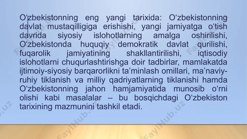 bir xalq, millat, mamlakat tarixi bilan bog’liq bo’lib, shular doirasidagi voqea va hodisalarning bir butun va yaxlitlikda o’z ichiga oladi. o’zbekistonning mustaqillik sari muhim qadamlari 11 1989 yil 23 iyun – i.а.karimov o’zbekiston respublikasiga rahbar etib tayinlanishi 1989 yil 21 oktyabr – o’zbekiston respublikasini “davlat tili haqida” gi qonunini qabul qilinishi 1990 yil 24 mart – o’zbekistonda prezidenrlik lavozimini joriy etilishi 1990 yil 20 iyun – “mustaqillik deklaratsiyasi” ni qabul qilinishi 1991 yil 31 avgust – eng muhim qadam: o’zbekiston respublikasini mustaqilligini e’lon qilinishi mustaqillikni mustahkamlashishi 12 1991 yil 18 noyabr – o’zbekiston respublikasi davlat bayrog’i qabul qilindi 1992 yil 2 iyun – o’zbekiston respublikasi davlat gerbi qabul qilindi 1992 yil 8 dekabr – o’zbekiston respublikasi davlat konstitutsiyasi qabul qilindi 1992 yil 10 dekabr – o’zbekiston respublikasi davlat madhiyasi qabul qilindi 1994 yil 1iyul – o’zbekiston respublikasi milliy valyuta – so’m muomalaga kiritildi taraqqiyot strategiyasi – farovon kelajagimiz kafolati " …