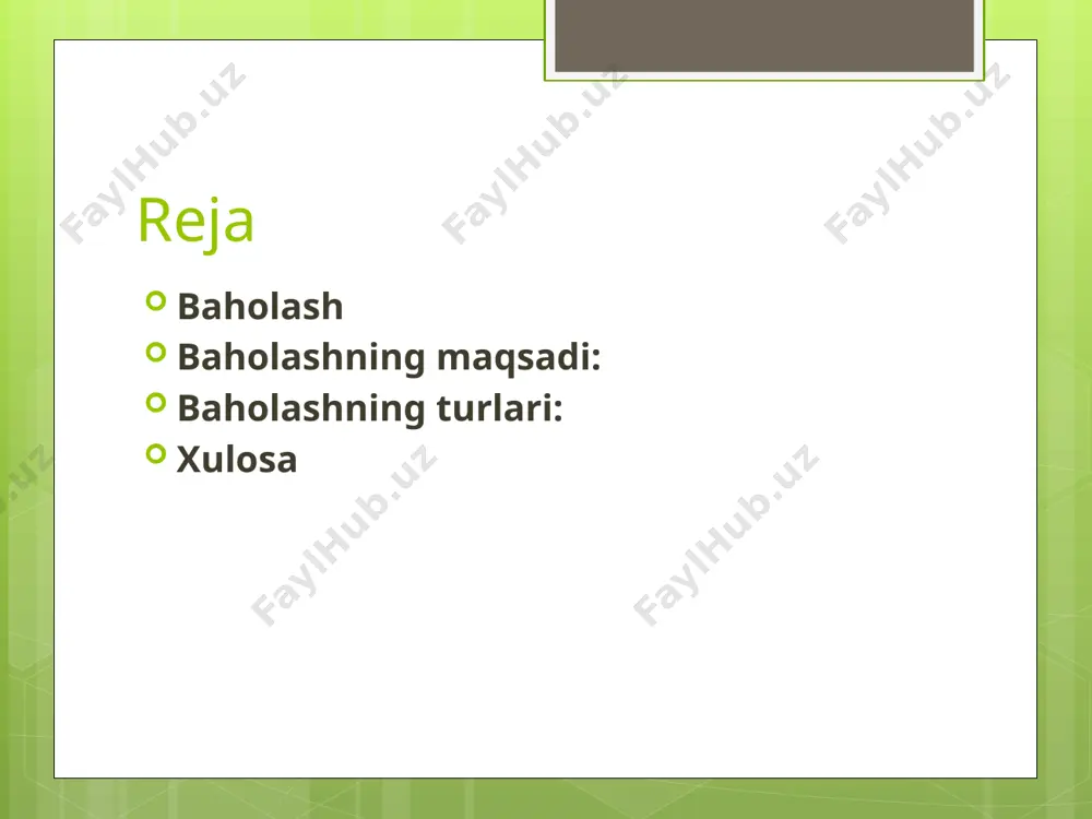 sh: maqsadi: o‘rganish jarayonining yakuniy natijasini o‘lchash. vaqti: bu baholash jarayon oxirida, masalan, dars yoki kursning oxirida amalga oshiriladi. natijasi: o‘quvchining umumiy yutuqlari, ko‘nikmalari va bilim darajasini baholash, ko‘pincha ballar yoki sertifikatlar bilan ifodalanadi. misollar: yakuniy imtihonlar, diplom ishi, kurs yakuniy testi. diagnostik baholash: maqsadi: o‘quvchilarning bilim va ko‘nikmalaridagi bo‘shliqlarni aniqlash, o‘quv jarayonida yuzaga kelishi mumkin bo‘lgan qiyinchiliklarni oldindan bilish. vaqti: o‘quv jarayonining boshlanishida yoki yangi mavzu o‘tilganda amalga oshiriladi. natijasi: o‘quvchilarning qaysi sohalarda yordamga muhtojligini aniqlash. misollar: oldindan olingan testlar, boshida o'tkaziladigan so'rovlar. kriterial baholash: maqsadi: belgilangan mezonlarga, standartlarga yoki talablar asosida baholash. vaqti: ma'lum bir mezon yoki standartga muvofiq baholash. natijasi: o‘quvchi yoki faoliyat ko‘rsatuvchi sub'ektning aniq belgilangan mezonlarga qanchalik mos kelishi o‘lchanadi. misollar: o‘qituvchi tomonidan o‘rnatilgan aniq baholash mezonlari, ishlab chiqarishdagi ishchi standartlari. normativ baholash: maqsadi: o‘quvchi yoki faoliyatni boshqa biron-bir guruh yoki norma bilan solishtirish. vaqti: baholashning bu turi o‘quvchilarni yoki faoliyat ko‘rsatuvchilarni o‘zaro solishtirgan holda …
