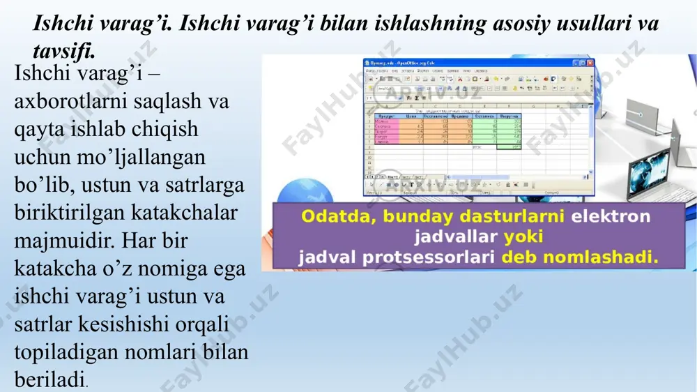 irlashtirish uchun ishlatiladi. "videlit stroku” - stolbets, tablitsu, komandalari mos ravishda qatorni belgilash, ustunni belgilash, jadvalni belgilash amallarni bajaradi. avtoformat – jadval kataklarini avtomatik ravishda formatlash uchun ishlatiladi. "virovnyat visotu strok”, "shirinu stolbsov” komandalari mos ravishda kataklarni balandlik va kenglik bo’yicha tenglashtiradi. "preobrazovat v tabltsu” – jadvalni ko’rinishini tanlaydi. "sortirovka” – kerakli ustun bo’yicha tartiblash imkonini beradi. "formula” – tablitsa ustida matematik amallar bajarishb imkonini beradi. "razbit tabltsu” – tablitsani ajratadi. "otobrajat setku” – jadvalda setka hosil qilish imkonini beradi. exceldan chiqish. «tahrir» menyusi – diapazondan vos kechish, o’chirish, nusxa olish, izlash, almashtirish buyruqlari; «ko’chirish» menyusi – hujjatlarni namoyish etish, uskunalar paneli va hujjat tasvirining masshtabini sozlash; «o’rnatish» menyusi – hujjatga katakchalar, varaqlar grafik tasvirlar, va diagrammalar joylash; «format» menyusi – ajratilgan ob’ektning tashqi ko’rinishini o’zgartirish; «servis» menyusi – excel vositasi parametrlarini o’zgartirish, hujjat berilganlarining bog’lanishi tahlili; «ma’lumotlar» menyusi – varaqdagi axborotni qayta ishlab chiqish buyruqlari; «oyna» menyusi – ochiq …