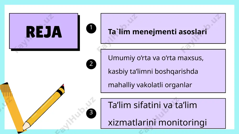 mavjud minimal imkoniyatlardan maksimal natijalarga erishish maqsadida muayyan xodim yoki guruhga ta’sir etish, ular bilan hamkorlik qilish jaravonidir. barcha darajadagi ta’lim boshqaruv organlarining vakolat doiralari «ta’lim to’g’risida»gi qonunga muvofiq belgilanadi; - ta’limning normativ-huquqiy bazasi rivojlantiriladi; - moliya-xo’jalik faoliyatini olib borish hamda ta’lim jarayonini tashkil etishda o’quv yurtlarining huquqlari kengayadi va mustaqilligi ta’minlanadi; - ta’lim muassasalari o’zbekiston respublikasi vazirlar mahkamasi tomonidan belgilangan tartibda attestatsiyadan o’tkaziladi hamda akkreditatsiyalanadi. akkreditatsiya yakunlariga ko’ra ta’lim sohasida faoliyat ko’rsatish huquqi beriladi; bundan tashqari, olimlar ta’lim menejmentining bir qator o’ziga xos xususiyatlarga ega ekanligini ham ta’kidlab o’tishadi. ular orasida quyidagi xususiyatlar asosiy hisoblanadi: -ta’lim menejmenti «maqsadga muvofiqlik» so’zi bilan aniqlanadigan ma’naviy o’lchovga ega; -ta’lim menejmenti - bu fan va san’at (chunki bunda insonlar o’rtasidagi o’zaro munosabatlar katta rol o’ynaydi); -menejment mazmunida o’z aksini topadigan shaxs, davlat va jamiyat manfaatlarining o’zaro dialektik birligi; -ta’limni boshqarishda jamoatchilikning faol qatnashuvi. davlat-jamoatchilik boshqaruvining maqsadi - ta’lim muassasalarining dolzarb masalalarini davlat va …