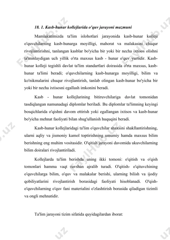 klarda, o'qituvchining ish materialida goyaviy axamiyatli ukuv materiali tanlash, ukuvchilar aktivligini kuzgatadigan va ularning aqliy hamda jismoniy mehnatda mustaqil bo'lishni ta'minlaydigan o'quv metodlarini kullash, o'qitish va mehnatni har kaysi o'quvchining individual xususiyatlarini xisobga olgan xoldatashkil etish yuli bilan ta'minlanadi. kasb-hunar kollejlari sharoitida o'quvchilarnini tarbiyalashning muhim omili ularning doimo unumli mehnatda ishtirok etishidir. kollejlarda bilim va malakalarni egallash dinamikasining asosiy qonuniyatlari o'quvchilarning bilish faoliyatiga ham bog'liqdir. ammo bilimlarni o'zlashtirish jarayonining o'ziga xos xususiyatlari ham bor. o'quvchilar, asosan, bilganlarini o'qituvchi rahbarligida o'zlashtiradilar, shu sababli o'quvchilarning sub'ektiv yangi narsani bilish jarayoni ob'ektiv yangi narsani bilish jarayoniga karagandi eng kiska yul bilan sodir buladi. o'quvchilar fanlarning asoslarini o'zlashtiradilar, ular oldida yangi haqiqatni kashf etish vazifasi turmaydi. bilimlarni o'zlashtirish jarayonida mushohada yuritish o'quvchilarning sezish tajribasini boyitadi. hozirgizamontalabibilimlarnio'zlashtirishnivao'quvchilarningbilishkuchlarinirivojlantirishniyagonao'qitishjarayoniningikkitomonidebqaraydi. o'quvchilarning akliy kamol topishi kupgina yullar bilan boradi, bu yullarning asosiysi-fan va texnika asoslarini ularning etakchi goyalari hamda yunalishlari no'qtai-nazaridan uzlashtirish. bilimlarni o'zlashtirish o'quvchilar aqliy faoliyatining ilgari siljishiga …