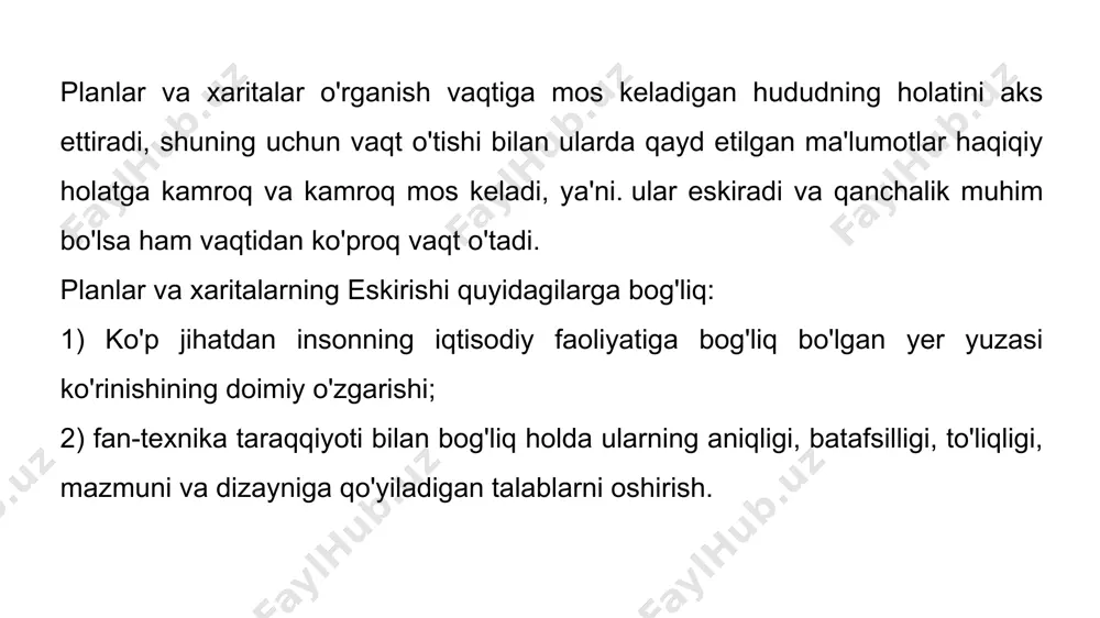 laydigan tuzatish usullarini tanlashdan iborat. sifatsiz planni tuzatish orqali tuzatish mumkin emas, lekin muvaffaqiyatsiz tanlangan tuzatish usuli tuzatilgan planning aniqligini yo'qotishga olib kelishi mumkin. amalda, agar ularning aniqlik ko'rsatkichlari bir-biridan 10% dan ko'p bo'lmagan farq qilsa, planlar bir xil darajada aniq hisoblanadi. misol uchun, agar tuzatilgan planning aniqligi kontur nuqtasining plandagi 0,4 mm pozitsiyasida xatolik bilan tavsiflansa va tuzatish natijasida kontur nuqtalari holatidagi xatolik 0,44 ga teng bo'lib chiqdi. mm bo'lsa, tuzatilgan plan tuzatilganga teng darajada aniq hisoblanadi yoki tuzatilgan planning aniqligi tuzatilgan planning to'g'riligiga o'n foizli "ahamiyatsizlik mezoni" ga ega. bu shuni anglatadiki, agar tuzatilgan planning to'g'riligi mt plandagi nuqtaning holatida xatolik bilan tavsiflansa, u holda tuzatilgan plan 1,1mt nuqta pozitsiyasida xatolikka ega . shuning uchun, ahamiyatsiz mezonning 10% ni ta'minlash uchun, tuzatish paytida o'lchangan o'lchash xatolari mизм ga teng bo'lishi kerak , chunki planlar va xaritalarni tuzatish - tuzatilgan planning to'g'riligini saqlab qolgan holda, oxirgi o'rganishdan keyin planga …