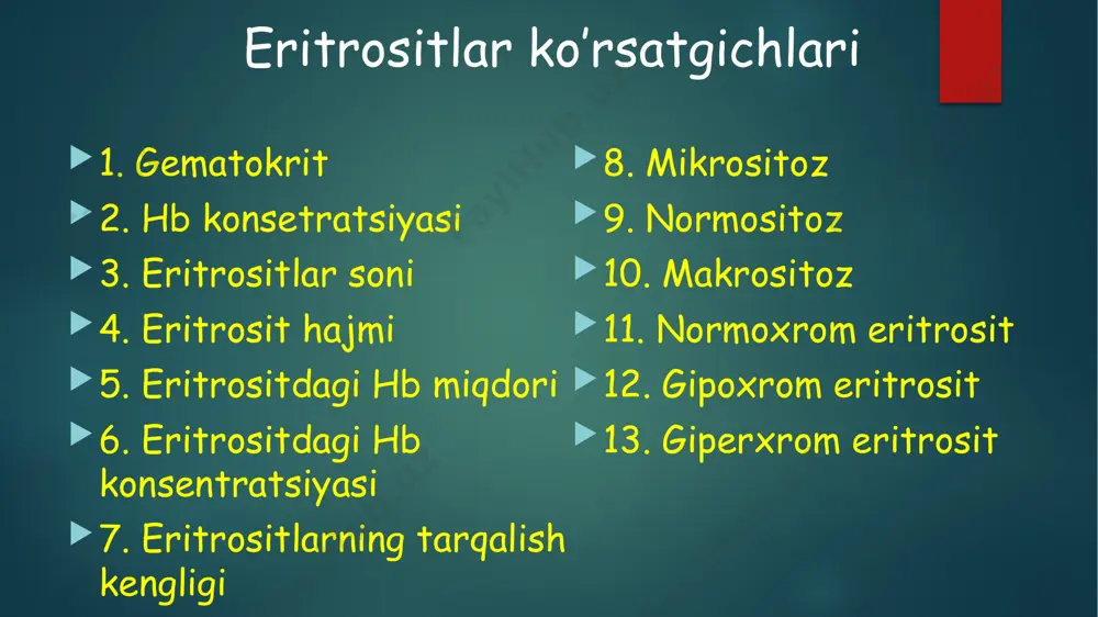 sbiy: - plazma hajmi kamayishi hiobiga; - sabablari polisitemik gipovolemiyadek. orttirilgan absolyut eritrositoz – buyraklarda eritropoetin ishlab chiqarilishi ortishi hisobiga. neyrogumoral regulyatsiya buzilishi hisobiga - simpatik nerv sistema aktivligi - endokrin bezlar faoliyati katexolaminlar, aktg, tireoid gormonlar, glyukokortikoidlar o2 iste’molini oshiradi gipoksiya eritropoetin eritropoez 2. gipoksiya gipoksik nafas sirkulyator gipoksiyalar tog’ kasalligi; tashqi nafas yetishmovchiligi; q.a.s. yetishmovchiligi 3. buyrak ishemiyasi (gidronefroz, buyrak arteriyalari stenozi) da mahalliy ishemiya. 4. o’smalar (gipernefroma, jigar raki) eritropoetinlar gipersekretsiyasi tug’ma absolyut eritrositoz globinning tug’ma genetik defekti; - 2,3-difosfoglitserat defisiti. o2 ning hb ga yaqinligi (o2 dissotsiatsiyalanish egri chizig’i chapga suriladi) to’qimalarga o2 yetib borishi eritropoetin eritrositoz eritrositlar hisobiga qonda quyidagi o’zgarishlar bo’ladi: - polisitemik gipovolemiya; - qon yopishqoqligi ; - qon oqimi tezligi ; - yurak faoliyatiga yuklama ; - ab ; - giperemiya; - tromblar shakllanishi ehtimoli dvs sindrom ehtimoli. absolyut eritrositoz kompensator harakterga ega. eritremiya (vakez kasalligida) – eritrositlar miqdori eritrositar orolchalarning o’sma …