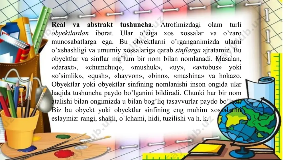 nchani ta’riflash usullari. tushunchalarni o’rganishda ularni umumiyroq bo’lgan tushuncha orqali tushuntirish yoki, boshqacha aytganda, ta’riflashga harakat qilinadi. shu umumiyroq tushuncha ham ilgariroq tushuntirilgan yoki ta’riflangan bo’lishi kerak. lekin har bir uchraydigan tushunchani ilgari ma’lum bo’lgan tushunchani topib ta’rif beraverish murakkab va mumkin bo’lmagan jarayondir. shuning uchun ba’zi tushunchalar ta’riflanmaydi va boshlang’ich tushuncha deb qabul qilinadi. masalan, siz tanishgan «to’plam» tushunchasi butun matematika kursining asosiy tushunchalaridan biridir tushunchaga ta’rif berishning bir necha usuli bor. shulardan biri oshkor ta’rif bo’lib, unda, ta’riflanayotgan tushunchaga nisbatan umumiyroq tushunchani ko’rsatib, shu umumiy tushuncha bilan nomlangan obyektlardan ta’riflanayotgan tushuncha qanday xossalari bilan ajralib turishi ko’rsatiladi. masalan, «barcha tomonlari teng parallelogramm — romb deyiladi», ta’rifida parallelogramm umumiy tushuncha bo’lib, romb qolgan parallelogrammlardan tomonlarining tengligi bilan ajralib turadi. bunday ta’rif odatda jins va tur orqali ta’riflash deyiladi. ta’riflanayotgan tushuncha hajmi unga nisbatan umumiyroq bo’lgan tushuncha hajmining qism to’plami bo’ladi va eyler -venn diagrammalarida rasmda ko’rsatilgani kabi tasvirlanadi. oshkormas …