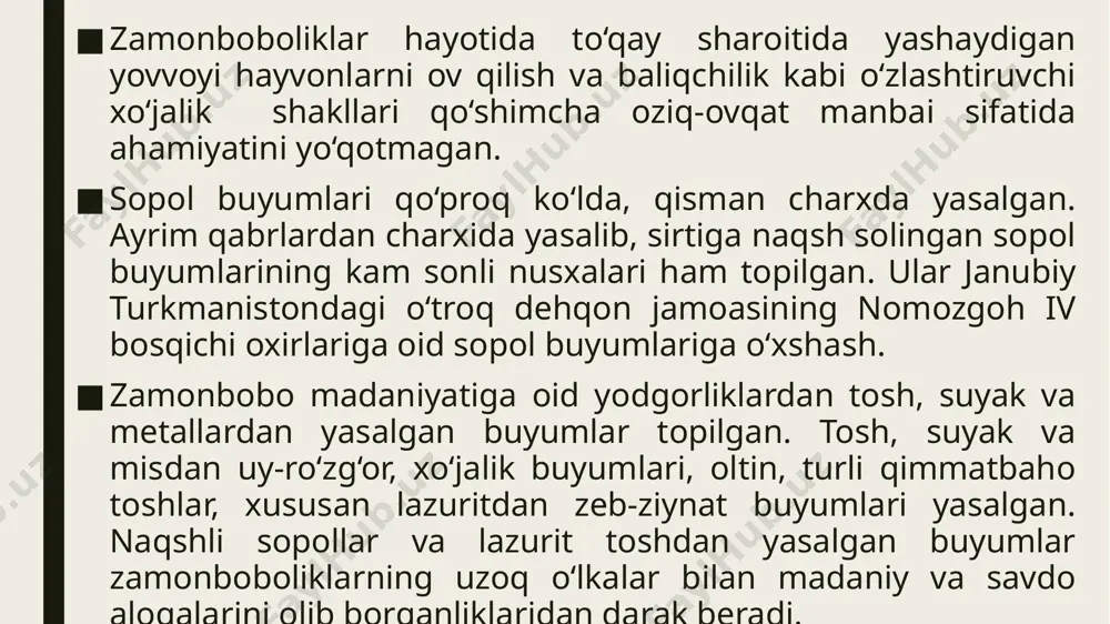 o‘la uy-joylarning maydoniga ko‘ra katta, o‘rtacha va kichik o‘lchamli turlari ajralib turadi. ular maydoni 28 m. kv. dan 165 m. kv.m.gacha bo‘lgan. yer usti chaylalar bizgacha yetib kelmagan, ularni taxmin qilish mumkin. amirabod madaniyati egalari dehqonchilik va chorvachilik bilan shug‘ullanganlar. dehqonchilikda sug‘orish tizimidan foydalanilgan. xo‘jalikning ikkinchi tarmog‘i bo‘lgan chorvachilikda qora mol boqish yetakchi o‘rinni egallagan. o‘zlashtiruvchi xo‘jalik shakllari ahamiyati saqlab qolgan. to‘qayzor hayvonlari, cho‘l hududlarda to‘da bo‘lib yashovchi yovvoyi hayvonlar asosiyov o‘ljasini tashkil etgan. suv havzalariga boy hududda baliqchilikning ahamiyati doimo ustun bo‘lgan. moddiy madaniyati namunalari bronzadan yasalgan buyumlar, tosh qurollari va sopol buyumlaridan iborat. bu davrda bronzadan yasalgan anjomlar turi ko‘payadi. bronzadan o‘roq, pichoq, begiz, igna, paykon va zeb-ziynat buyumlari yasalgan. yakkaparson manzilgohidan topilgan tosh qolipda o‘roq, pichoq va paykonlar quyilgan. amirobod madaniyatiga oid sopol idishlar qo‘lda yasalgan. ularning ayrimlarining sirti silliqlangan va qizil rangli bo‘yoqda naqshlar chizilgan. naqshlar uchburchak, egri chiziq va archa tasviri shakllaridan iborat. barcha sopol …