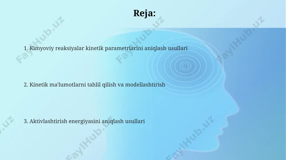 masi qo'llaniladi. toshkent shahridagi kimyo fakultetlarida o'qitiladigan kinetika kurslarida, reaksiya tartibi va tezlik konstantasi kabi parametrlarni aniqlash uchun differentsial va integral usullar o'rganiladi. zamonaviy kinetik tadqiqot usullari ferrit katalizatorlarining reaksiya kinetikasini o'rganishda, masalan, 5% fe2o3/al2o3 katalizatori yordamida 300-400°c harorat oralig'ida olib borilgan tajribalar natijalaridan foydalanib, aktivlashtirish energiyasini arximed printsipiga asoslangan usullar yordamida aniqlash mumkin. zamonaviy kinetik tadqiqot usullarida, masalan, 200-500 nm diapazonidagi uv-vis spektroskopiyasi yordamida reaksiya tezligini onlayn kuzatish orqali reaksiya kinetikasini aniqlash mumkin, bu esa toshkentdagi laboratoriyalarda keng qo‘llanilmoqda. kimyoviy reaksiyalarni o'rganishda, 1-tartibli kinetika tenglamasidan foydalanib, reaksiya tezligi konstantasi (k) va faollashtirish energiyasi (ea)ni aniqlash uchun, temperatura 25-75°c oralig'ida o'zgartirilib, reaksiya vaqtini aniq o'lchash kerak. arrhenius tenglamasi va uning qo'llanilishi arrennius tenglamasi (k = a exp(-ea/rt)), faollashtirish energiyasi (ea) ni aniqlashda keng qo‘llaniladi va reaksiya tezligini haroratga bog‘liqligiga asoslanadi, masalan, 25°c dan 50°c gacha bo'lgan harorat oralig'ida reaksiya tezligini o'lchash orqali toshkentda o'tkazilgan tajribalar misol bo'la oladi. tenglama yordamida …
