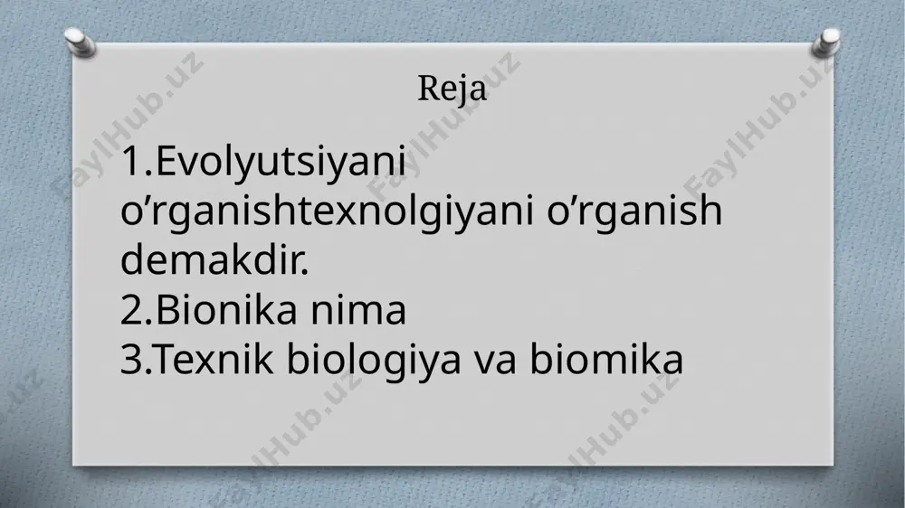 ot prototipi qo'l paraziti uchun oilaviy parvarishlash robot qo'lqopi deb nomlanadi, bu bemorlarga yordam berish uchun mo'ljallangan "aqlli qo'lqop" ... bionika zamonaviy tibbiyotda mutlaqo yangi usuldir. uning yordamida inson tanasida to’laqonli organga aylana oladigan biologic va sun’iy materiallarning simbiozi yaratiladi. xulosa: bionika boshqa sohalar bilan birgalikda tibbiyot sohasida ham rivojlanib bormoqda. bionika sababli juda ko’p odamlarga yana erkin harakatlanish uchun imkoniyat tug’ilmoqda. roboto qo’llar oyoqlar yaratilmoqda. image5.jpeg image6.jpeg image7.jpeg image8.jpeg image9.jpeg image10.jpeg image3.jpeg image4.png image11.jpeg image12.jpeg image13.jpeg image14.jpeg image15.png image16.jpeg image17.jpeg image18.jpeg image19.jpeg 10089077a /docprops/thumbnail.jpeg