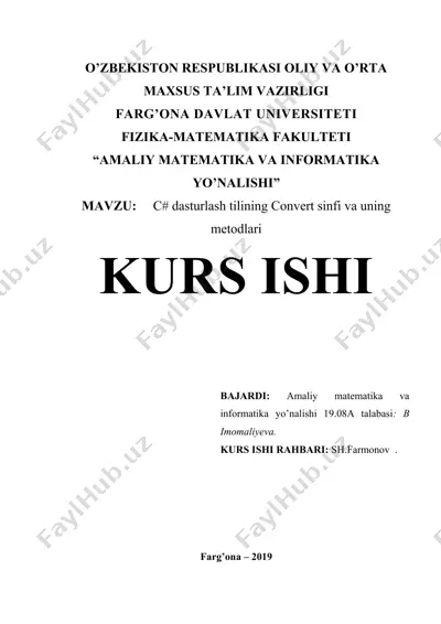 c# dasturlash tilining convert sinfi va uning metodlari — DOC