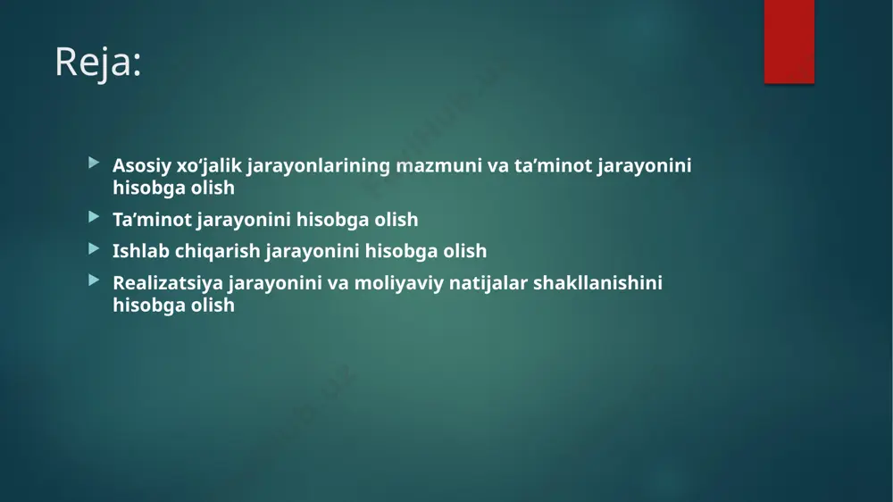 a sarflangan materiallar qiymati. bundan sarflangan materiallarning haqiqiy tannarxini (hts.m.) quyidagi formula bo‘yicha aniqlash mumkin: ishlab chiqarish jarayonini hisobga olish ishlab chiqarish jarayoni bilan aloqador sintetik schotlar to‘g‘risida qisqacha tavsif berib chiqish yo‘li bilan ishlab chiqarish jarayoni hisobining vazifalari va ahamiyati haqida talabalarni tanishtirib chiqamiz. ishlab chiqarish jarayonini hisobga olishning asosiy vazifalari quyidagilardan iborat: natural va pul ifodasida ishlab chiqarishning haqiqiy hajmini aniqlash. bunda jami ishlab chiqarilgan mahsulotning miqdori kabi, ular ayrim turlarining ham miqdori aniqlanadi; ishlab chiqarishga qilingan xarajatlarni aniqlash va mahsulotlarning haqiqiy tannarxini hisoblash. buning uchun korxonaning jami ishlab chiqarilgan mahsulotga qilgan xarajatlari hamda alohida mahsulot turlarining tannarxi aniqlanadi. realizatsiya jarayonini va moliyaviy natijalar shakllanishini hisobga olish ishlab chiqarilgan tayyor mahsulotlarni sotish natijalari realizatsiya jarayonida aniqlanadi. realizatsiya foyda yoki zarar bilan yakunlanadi. ayrim manbalarda realizatsiya jarayoni sotish jarayoni deb ham ataladi. bizning fikrimizcha, bu unchalik to‘g‘ri emas. chunki, ishlab chiqarish jarayonida tayyorlangan mahsulotlar sotiladi, bajarilgan ish va xizmatlar …