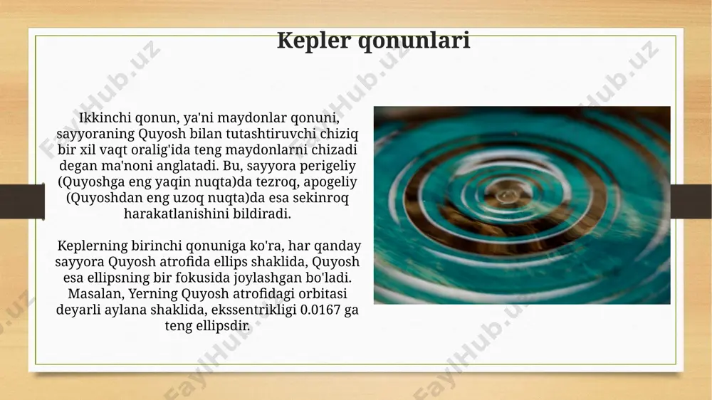 adi va taxminan 200-2000 km balandlikdagi turli orbitallarda harakatlanishi mumkin. geostationar sun'iy yo'ldoshlar ekvator ustida 35 786 kilometr balandlikdagi geostationar orbitaga joylashtiriladi, bu esa ularga yerning aylanish tezligiga moslashish imkonini berib, bitta nuqtadan yerning katta qismini kuzatib turishga yordam beradi. apsidlar chizig'i apsidlar chizig'ining yo'nalishi vaqt o'tishi bilan sekin o'zgaradi, bu o'zgarish boshqa sayyoralarning tortishish kuchi ta'siri (masalan, yupiterning ta'siri) natijasida yuz beradi va bu o'zgarishni hisoblashda kepler qonunlaridan foydalaniladi. apsidlar chizig'i yerning quyosh atrofidagi elliptik orbitasining eng yaqin (perigeliy) va eng uzoq (afeliy) nuqtalarini bog'laydigan chiziq bo'lib, bu chiziqning uzunligi taxminan 150 million kilometrni tashkil etadi. geostasionar orbitlar geostasionar orbitdagi sun'iy yo'ldoshlar yerning aylanish davriga mos ravishda 35 786 kilometr balandlikda joylashgan bo'lib, shu tufayli ular yer yuzidagi bir nuqta ustida harakatlanayotganday tuyuladi. ushbu orbitadagi sun'iy yo'ldoshlar ekvator ustida joylashgan bo'lib, ularning orbital davri taxminan 24 soatni tashkil etadi va bu yerning o'z o'qi atrofida aylanish davriga tengdir, natijada …