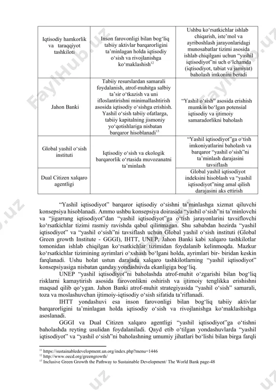 uncha bо‘lib, iqtisodiy о‘sish bilan bir vaqtda yuz beradigan zararlarni (implicit cost) ham hisobga oladi. jumladan, iqtisodiy о‘sish natijasida tabiatga keltiriladigan zararlar va milliy boylikning kamayishi shular jumlasiga kiradi[footnoteref:10]. [10: inclusive green growth the pathway to sustainable development/ the world bank] iqtisodiy о‘sishning “yashil modeli” agar mukammal ishlab chiqilib, samarali amalga oshirilsa resurslar sarfi jihatdan barqaror ishlab chiqarish, iste’mol tanloviga ijobiy ta’sir kо‘rsatadi va quyidagi natijalarga erishish imkonini beradi: iqtisodiy sohada: · yalpi ichki mahsulot hajmining ortishi va uning aholi о‘rtasida nisbatan teng taqsimlanishi; · ekotizim xizmatlarini kо‘rsatish hajmining oshishi yoki ularning kamayishining oldini olish; · iqtisodiyotning diversifikatsiyalashuvi, ya’ni iqtisodiy risklarni boshqarishning takomillashuvi; · yashil texnologiyalar, innovatsiyalarni yaratish va ulardan foydalanish, ya’ni bozorga bо‘lgan ishonchning ortishi. ekologik sohada: · tabiiy resurslardan foydalanishda unumdorlik va samaradorlikning ortishi; · ekologik chegaralar doirasida foydalaniladigan tabiiy kapital; · tiklanmaydigan kapitaldan foydalanib boshqa shakldagi kapital (ishlab chiqarish va inson kapitali) hajmining oshishi; · atrof-muhitga salbiy …