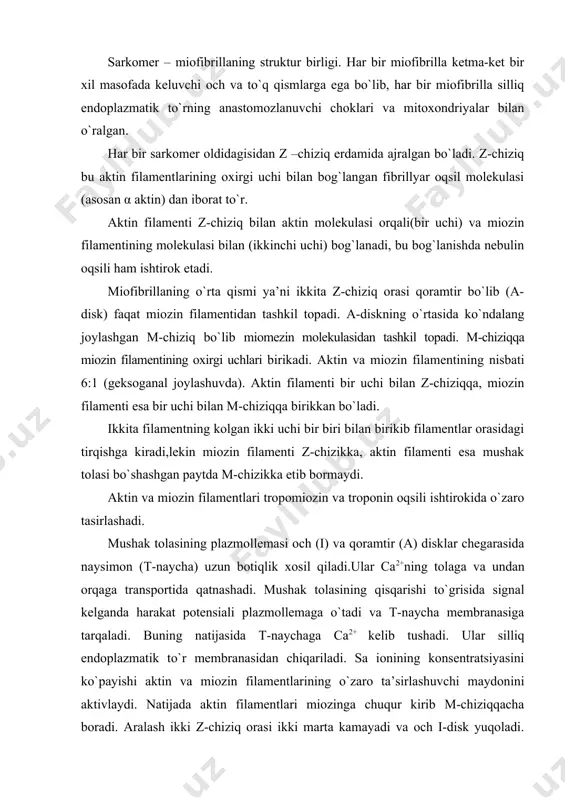 ga o`tishida xalos bo`lgan energiyani talab qiladi . energiya glikogenni karbonat angidrid va suvga aylanishidan hosil bo`ladi. miosatellitotsitlar skelet mushagining fiziologik va reparative regeneratsiyasida qatnashadi. ular cho`zinchoq oval shaklida bulib mushak hujayrasining plazmolemmasiga epishib etadi. yadro xam xuddi shunday chuzinchoq oval ko`rinishida bo`lib yirik bo`ladi. sitoplazma esa yadro atrofida ingichka qatlam bo`lib joylashadi. organellalar kam bo`ladi. keyingi rivojlanish va aktivlanish davomida hujayralar yadrosi ochlashadi, sitoplazma kattalashadi, organella soni keskin ko`payib miofibrillalar paydo bo`ladi. miosatellitotsitlarning ultrastrukturasi shakllanishi tor doirada miosimplastlarning etilishi bilan birga kechadi. fiziologik va reparativ regeneratsiyasi. mushak o`saetganda organizimni o`sishi dinamikasida mitotik bo`linishda hosil bo`lgan va differensialanaetgan hujayralar miosimplastlarning oxiriga tiziladi. mushak jarohatlanganidan so`ng qandaydir masofada tolaning oxirgi qismi parchalanadi va makrofaglar tomonidan suriladi. hujayraning to`lik tiklanishi ikki yul asosida amalga oshiriladi. 1. qolgan tolalarning kompensator gipertrofiyasi; 2. miosatellitotsitlarning proliferatsiyasi va differensirovkasida ularning tizilib yangi tola xosil kilishi. skelet mushagi tolalari diametridagi farqlar mushakning o`ziga xos xususiyatlari, odamning yoshi, …