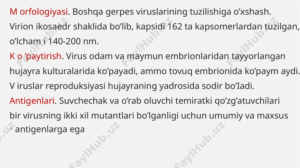 q kavatiga toshmalar toshadi. toshma pufakchalari ichidagi suyuqlikda k o ‘p miqdorda virus yig‘iladi. harorat k o ‘tarilishi, tana, yuz, qo‘l-oyoqlar terisiga toshmalar toshishi suvchechak ekanligini tasdiqlaydi. kasallikning beshinchi kunida toshmalar toshishi to ‘xtaydi. suvchechak kattalarda og ‘ir kechadi. suvchechak infeksiyasi 20% chaqaloqlarda o ‘lim bilan tugashi mumkin. agar ayollarga homiladorlikning birinchi 3 oyligida infeksiya yuqsa, bola nuqson bilan tug‘ilishi, kasallikdan so‘ng ko‘pincha ensefalit va zotiljam kabi asoratlar rivojlanishi mumkin. 0 ‘rab oluvchi temiratki, asosan, kattalarda uchraydi. buning sababi latent holda bo ‘lgan qo‘zg ‘atuvchilar faolligi turli stress om illar ta’sirida ortadi. faollashgan virus nerv tolalari orqali teriga yetib borib, uning hujayralarida k o ‘paya boshlaydi, natijada suvchechakka o ‘xshash vezikulalar paydo b o ‘ladi. bu kasallikda vezikulyar toshm alar, asosan, qovurg‘alar oralig’iga nerv y o ‘nalishlari bo‘ylab toshadi. kasallikda zararlangan joy qiziydi, kuchli qichishish va nerv tolalari yo’nalishida og’riq paydo bo’ladi. ba’zan bemorning isitmasi ko‘tarilishi, ‘viruslar ichki a’zolami zararlashi …