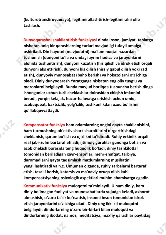 man olganda, ruhiy zarbalarni bartaraf etish, tasalli berish, katarsis va ma'naviy ozuqa olish kabi kompensatsiyaning psixologik aspektlari muhim ahamiyatga egadir. kommunikativ funksiya muloqotni ta'minlaydi. u ham diniy, ham diniy bo‘lmagan faoliyat va munosabatlarda vujudga keladi, axborot almashish, o‘zaro ta'sir ko‘rsatish, insonni inson tomonidan idrok etish jarayonlarini o‘z ichiga oladi. diniy ong ikki xil muloqotni belgilaydi: dindorlarning o‘zaro bir-birlari bilan muloqoti va dindorlarning ibodat, namoz, meditatsiya, maxfiy qarashlar paytidagi mediator va vositachilari tomonidan gipostazir jonzotlar (xudo, farishta, o‘lganlarning ruhi, avliyolar va b.) bilan muloqoti. 4. dinlarni tasniflash ayrim dinshunoslar diniy nuqtai nazardan yondashib, dinlarni o‘rganganlar. jumladan, yoakim vax (joachim wach), dinlarni «asoschisi bor dinlar», «an'anaviy (rasm-rusumli) dinlar»ga, gustav menshing esa «milliy dinlar», «jahon dinlari» ko‘rinishida ikkiga bo‘ladi. annemari shimmel esa dinlarni - ilk-qabilaviy, milliy, jahon dinlari, deb uchga bo‘ladi. shu bilan birga ba'zi tadqiqotchilar quyidagi tasnifni keltiradilar: sakramental (diniy marosim va rasm-rusumlarga tayanuvchi) din, 1. profetik (payg‘ambarlarga tayanuvchi) din, 2. mistik …