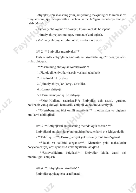i va koʻngilochar tomoshalarni birgalikda koʻrish, mamlakat mudofaasi va tinchligini saqlash kabilar shular jumlasidandir. birlamchi ehtiyoj—bu insonning hayotiy faoliyatida zarurlik darajasi nisbatan yuqori boʻlgan va shu sababli, birinchi navbatda qondiriladigan ehtiyoj. inson hali bilim olishi, sanʼat bilan shugʻullanishi, madaniy hordiq chiqarishidan ilgari oziq–ovqat, kiyim–kechak, uy–joyga boʻlgan ehtiyojlarini qondirishi lozim. ikkilamchi ehtiyoj—bu birlamchi ehtiyojlar qondirilib boʻlgandan soʻng undan yuqori darajada namoyon boʻladigan va qondiriladigan ehtiyoj. bu turdagi ehtiyojlarga bilim olish, malaka oshirish, sanʼat bilan shugʻullanish, dam olish va hokazolarni kiritish mumkin. yakka ehtiyoj—bu alohida shaxsning ijtimoiy–iqtisodiy mavqei, dunyoqarashi va boshqa xususiyatlari taʼsirida shakillanuvchi ehtiyoji. jamiyatdagi kishilar soni qanchalik koʻp boʻlmasin, ular oʻz ehtiyojlarining tarkibi, darajasi va qondirilish vositalari jihatidan ozmi–koʻpmi farqlanadilar. guruhiy ehtiyoj—bu maʼlum guruh yoki jamoalarga birlashgan kishilarning birgalikdagi ehtiyoji. bir oilaning ehtiyoji boshqa biridan, bir mehnat jamoasining ehtiyojlari boshqasidan oʻz tarkibi va darajasi jihatidan farq qiladi. hududiy ehtiyoj—bu muayyan hududlarda istiqomat qiluvchi kishilarning birgalikdagi ehtiyoji. inson muayyan hududda istiqomat …